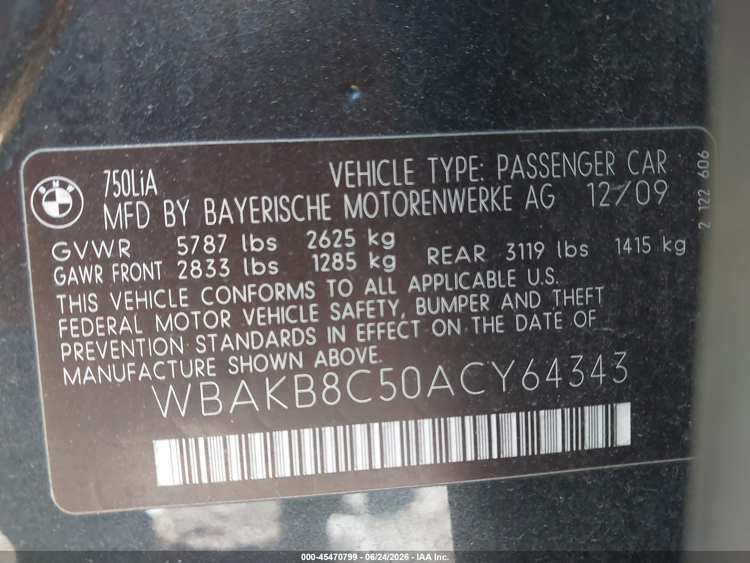 2010 Bmw 750 Li Black vin: WBAKB8C50ACY64343