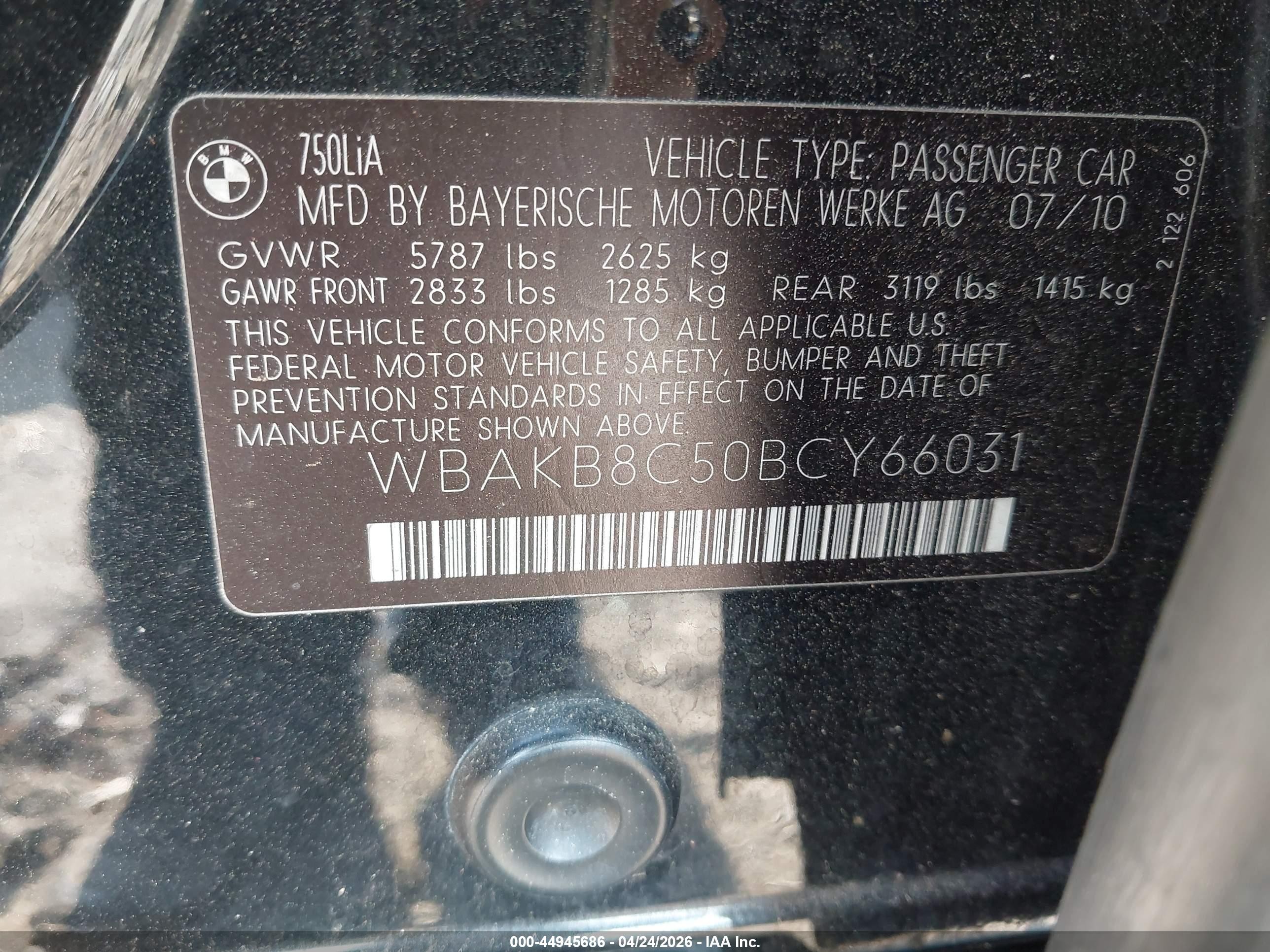 2011 Bmw 750li   Черный vin: WBAKB8C50BCY66031