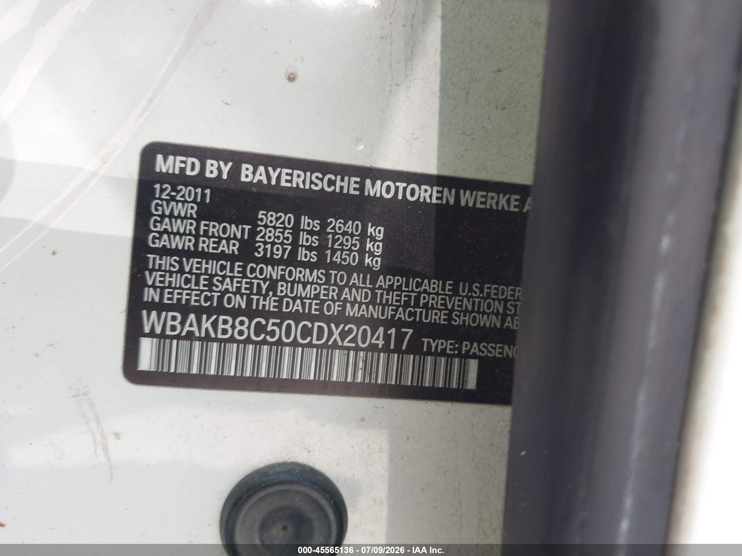 2012 Bmw 750li   Белый vin: WBAKB8C50CDX20417