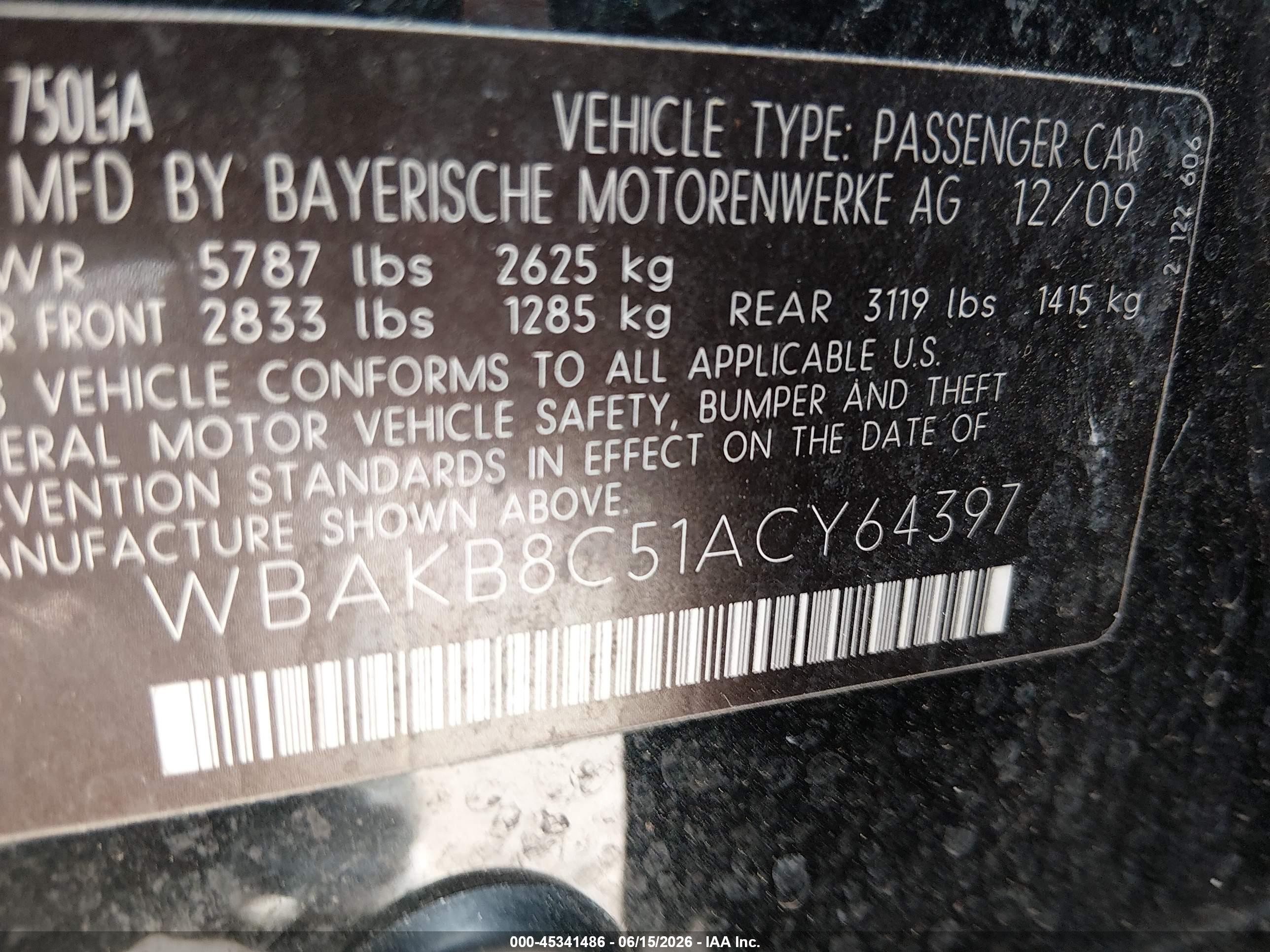 2010 Bmw 750li Черный vin: WBAKB8C51ACY64397