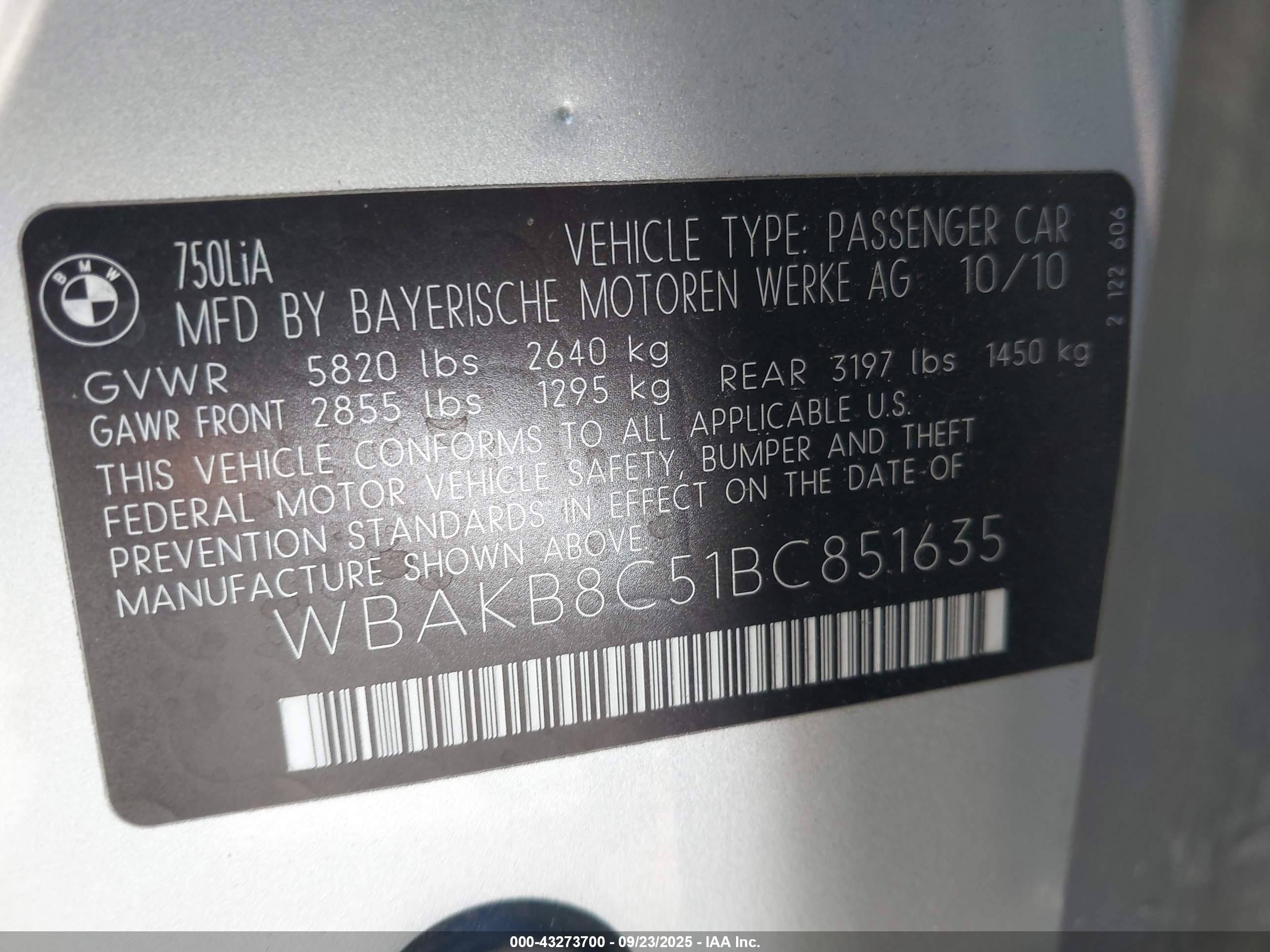 2011 Bmw 750li   Silver vin: WBAKB8C51BC851635