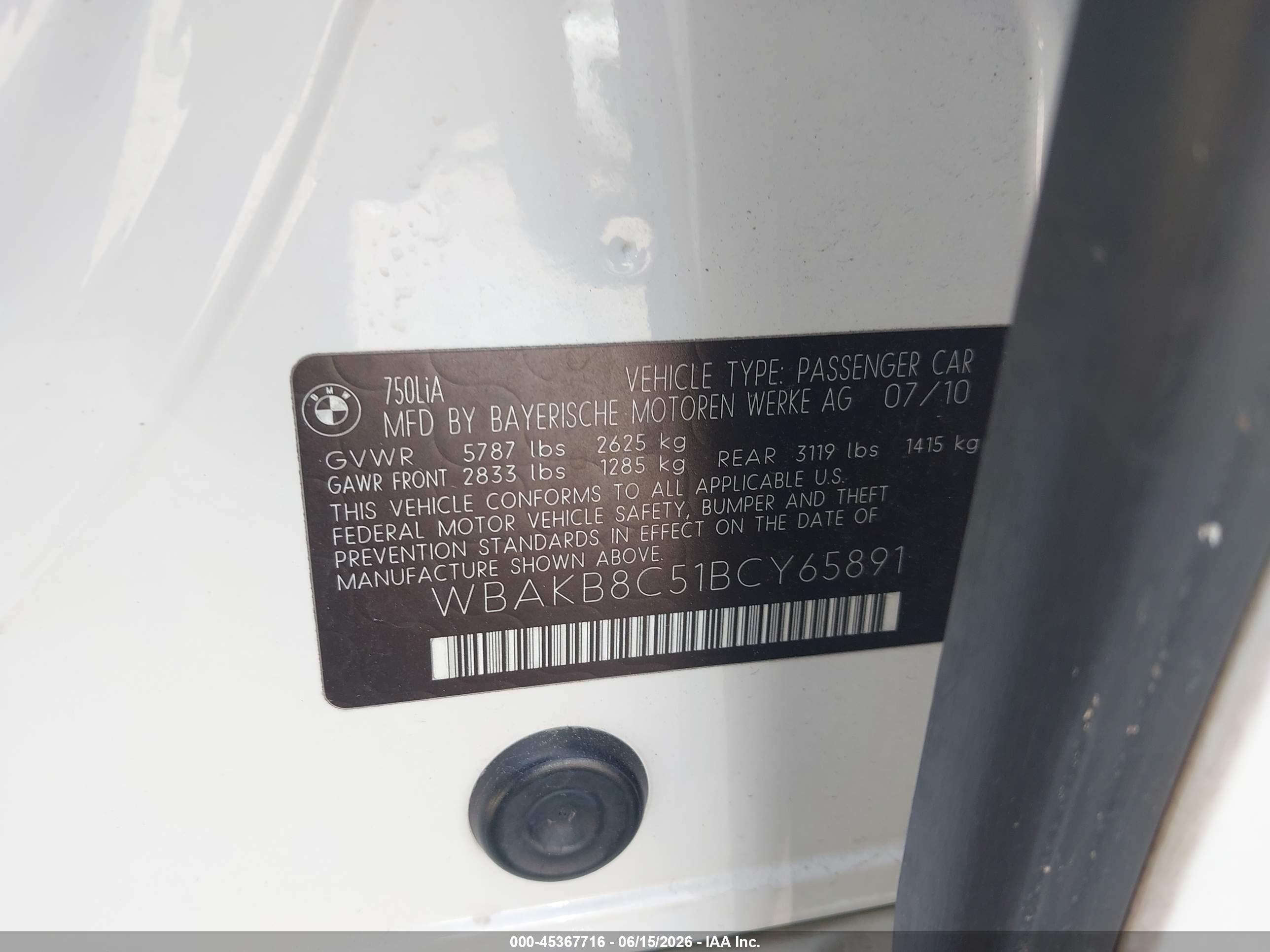 2011 Bmw 750li White vin: WBAKB8C51BCY65891