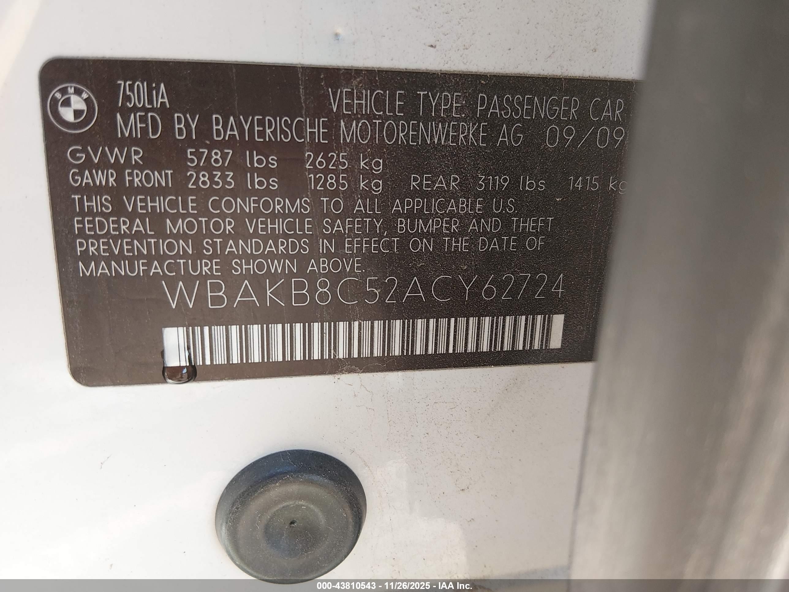 2010 Bmw 750li   White vin: WBAKB8C52ACY62724