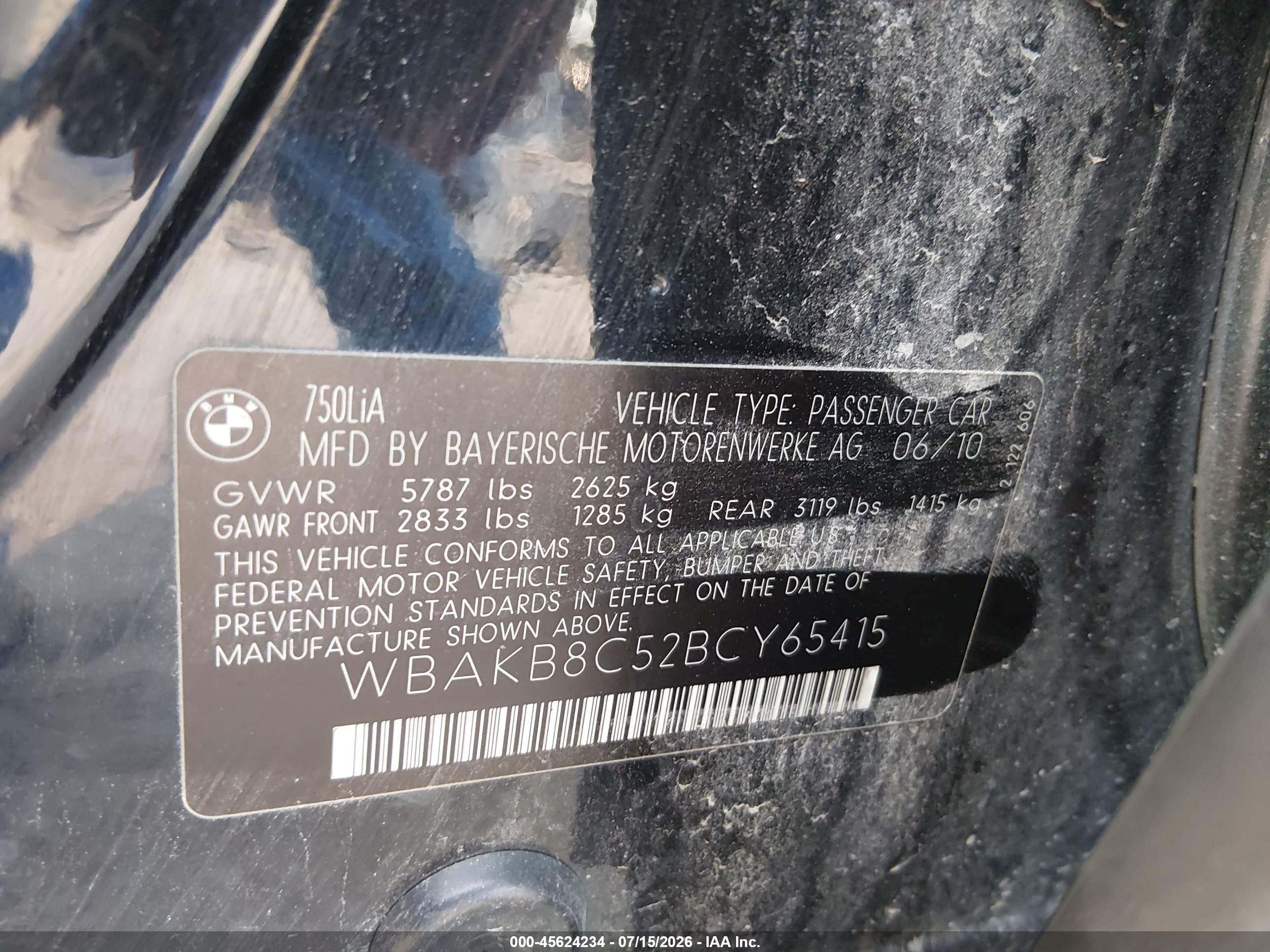 2011 Bmw 750li   Black vin: WBAKB8C52BCY65415