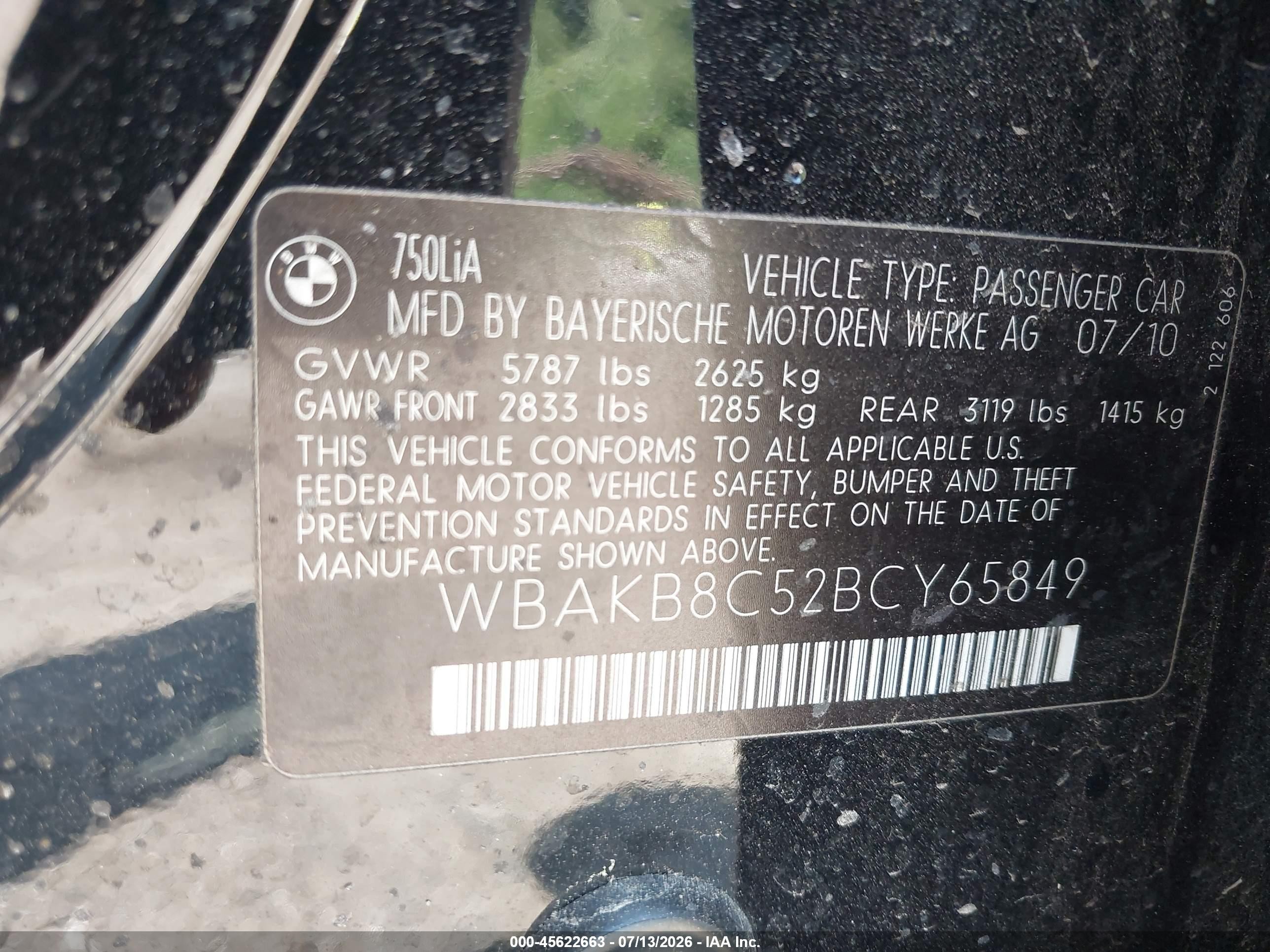 2011 Bmw 750li   Black vin: WBAKB8C52BCY65849