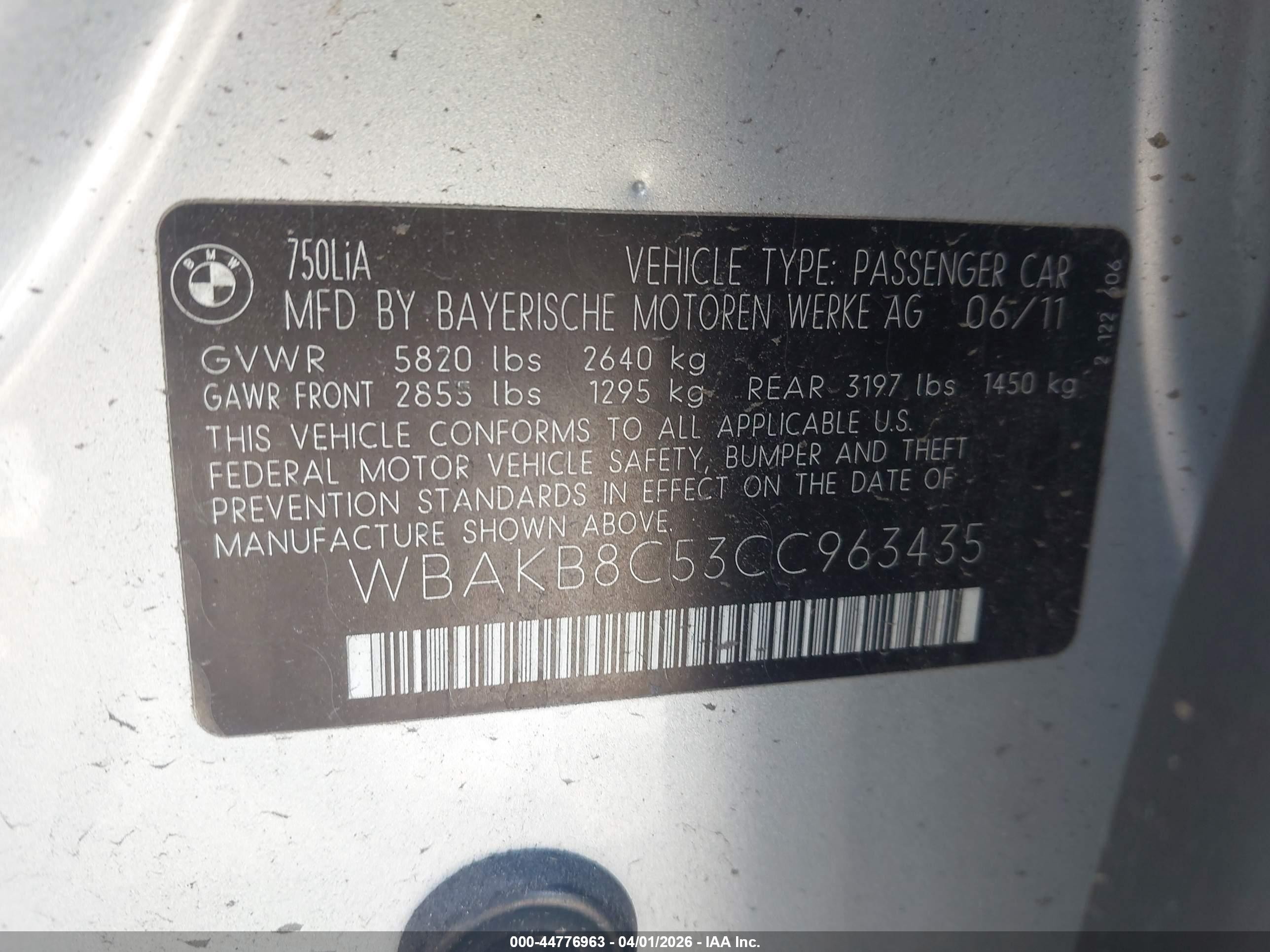 2012 Bmw 750li   Silver vin: WBAKB8C53CC963435