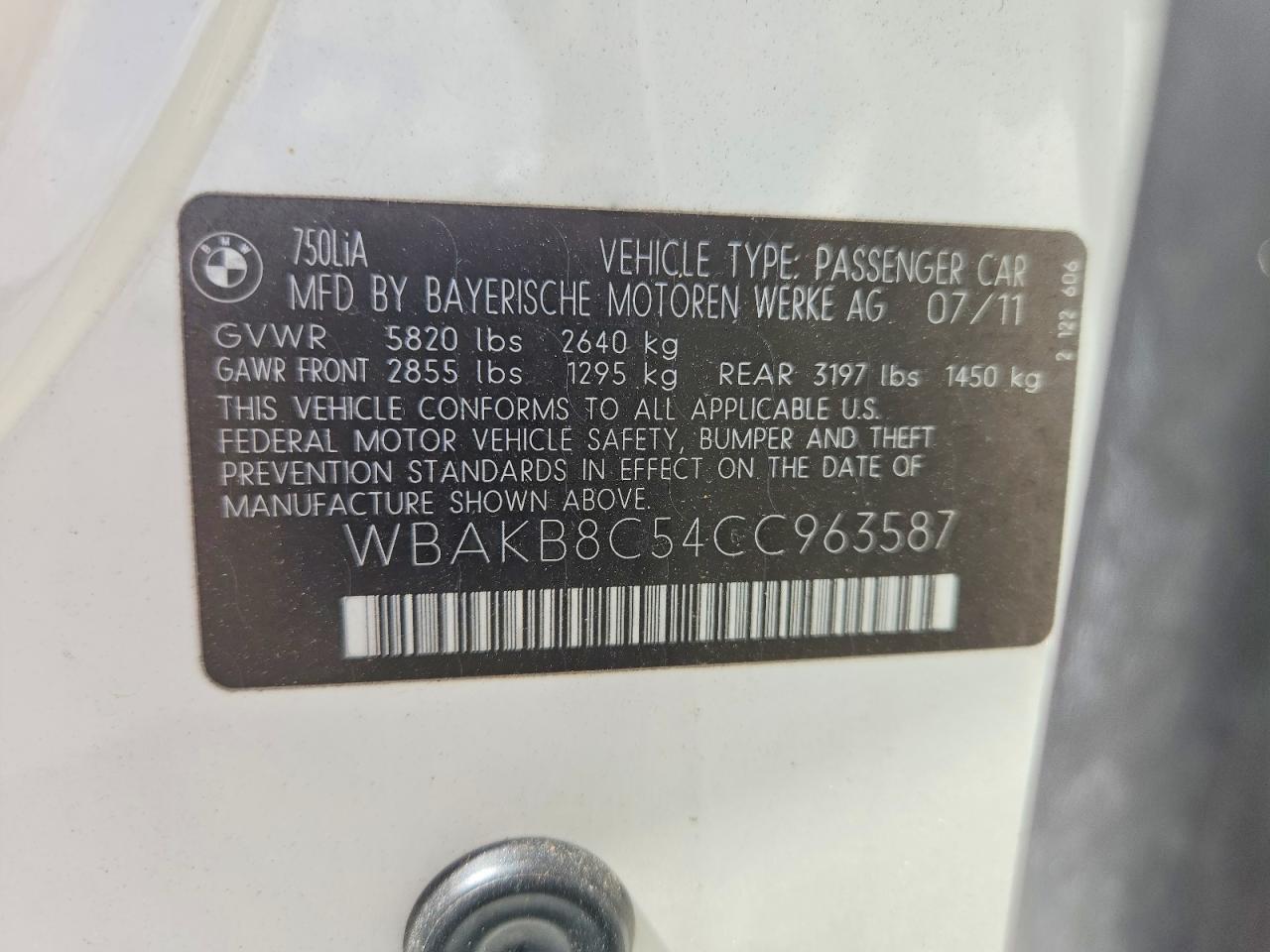 2012 Bmw 750 Li White vin: WBAKB8C54CC963587