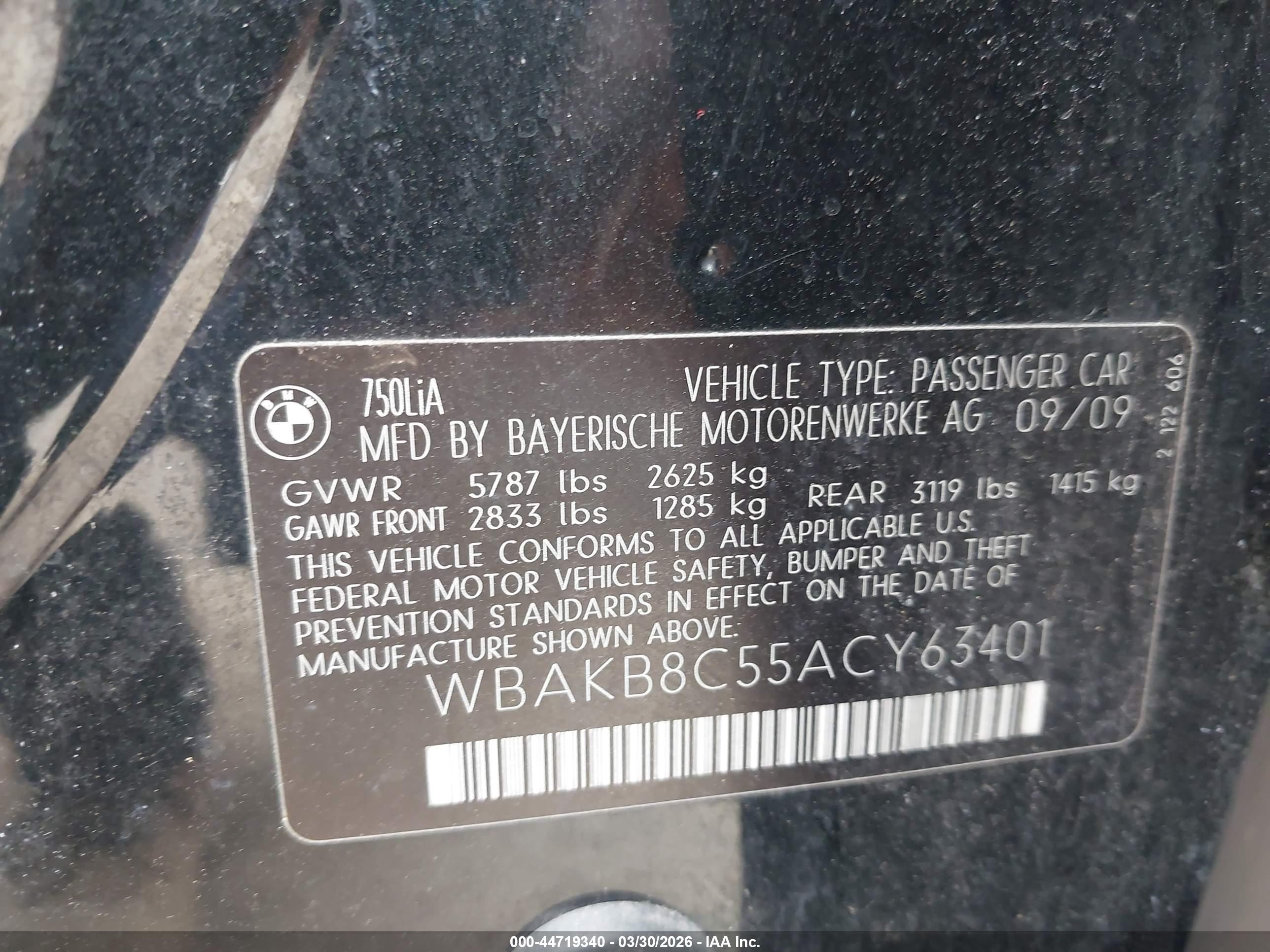 2010 Bmw 750li   Black vin: WBAKB8C55ACY63401