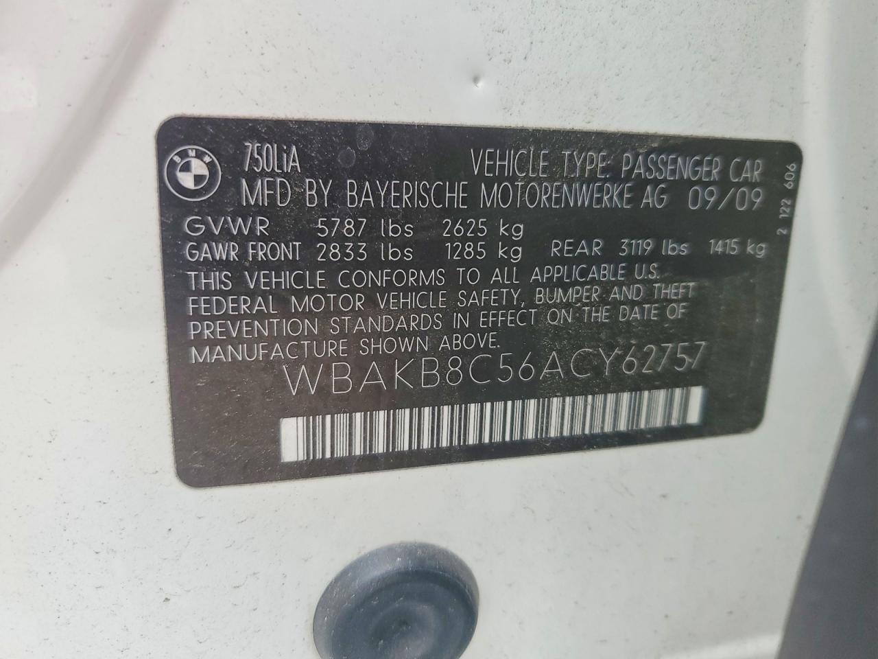 2010 Bmw 750 Li White vin: WBAKB8C56ACY62757