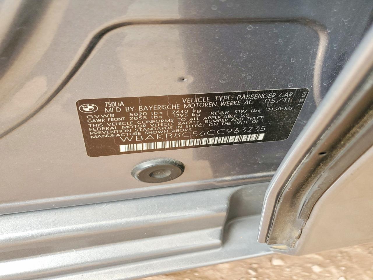 2012 Bmw 750 Li Gray vin: WBAKB8C56CC963235