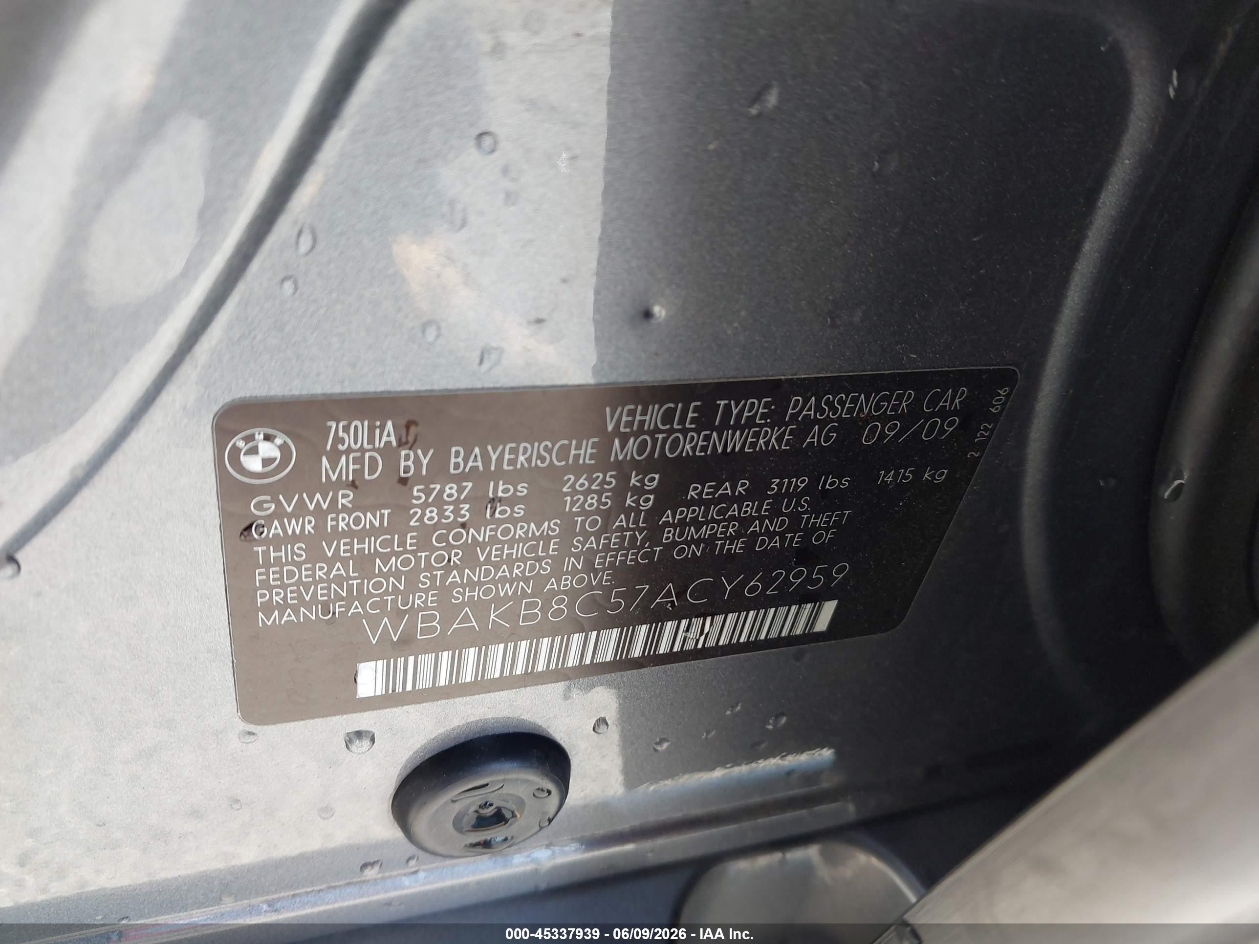 2010 Bmw 750li   Silver vin: WBAKB8C57ACY62959