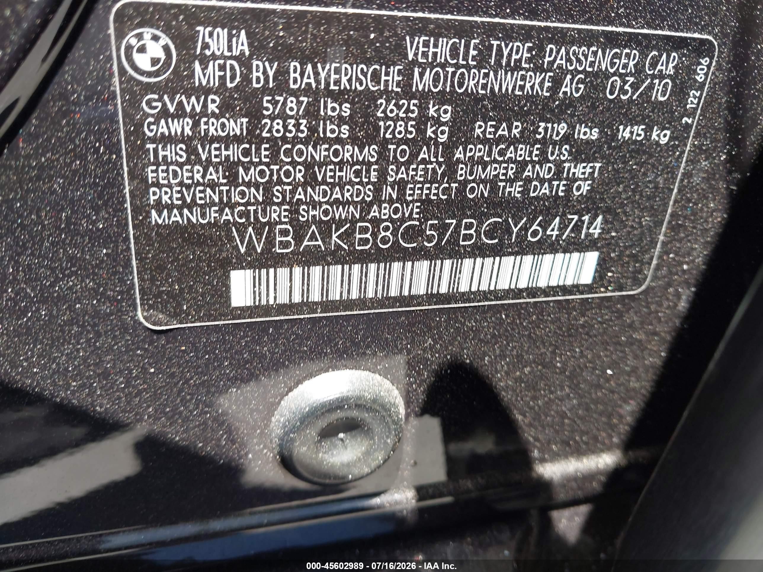 2011 Bmw 750li   Black vin: WBAKB8C57BCY64714