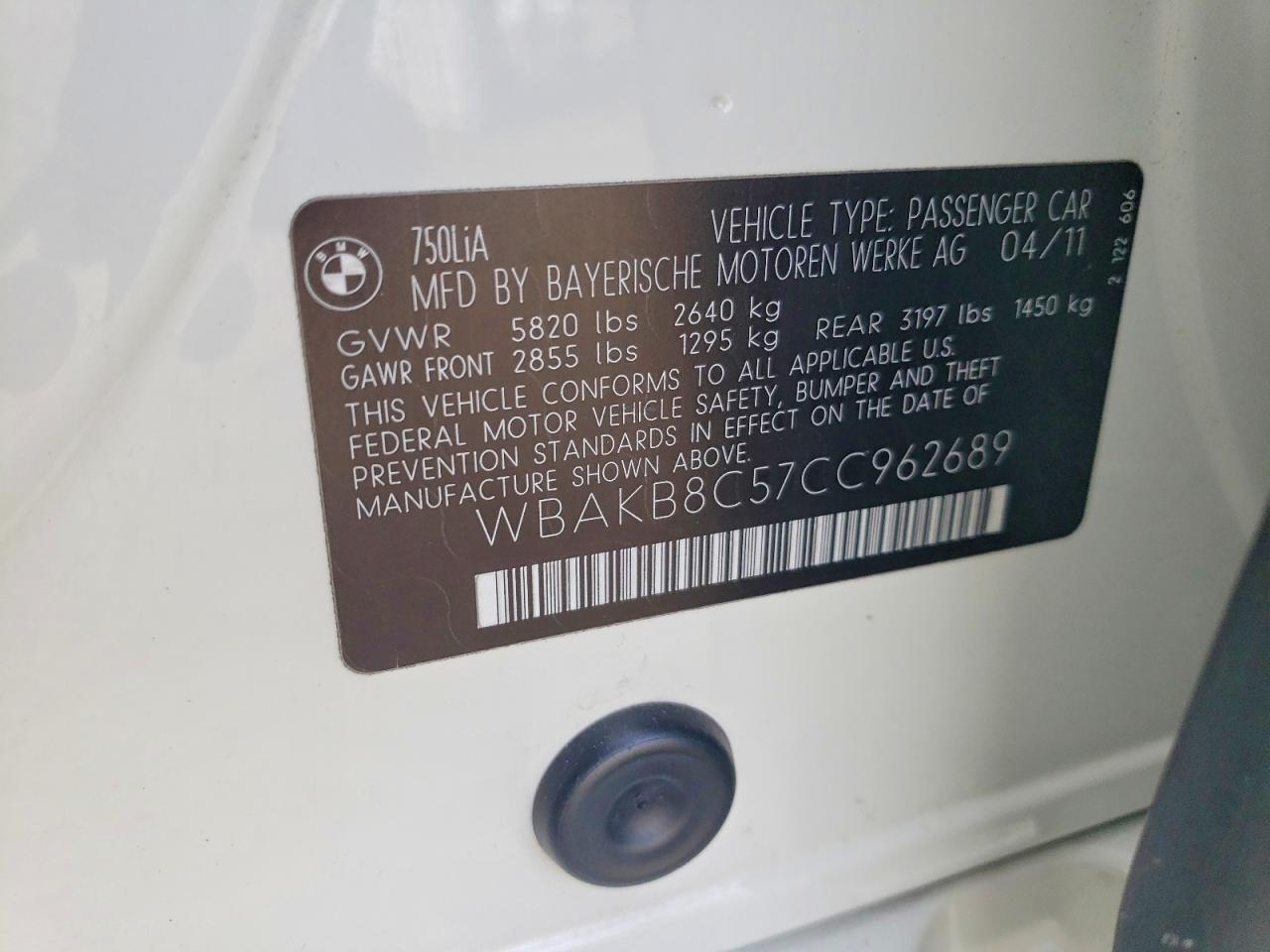 2012 Bmw Motorrad 750 Li White vin: WBAKB8C57CC962689