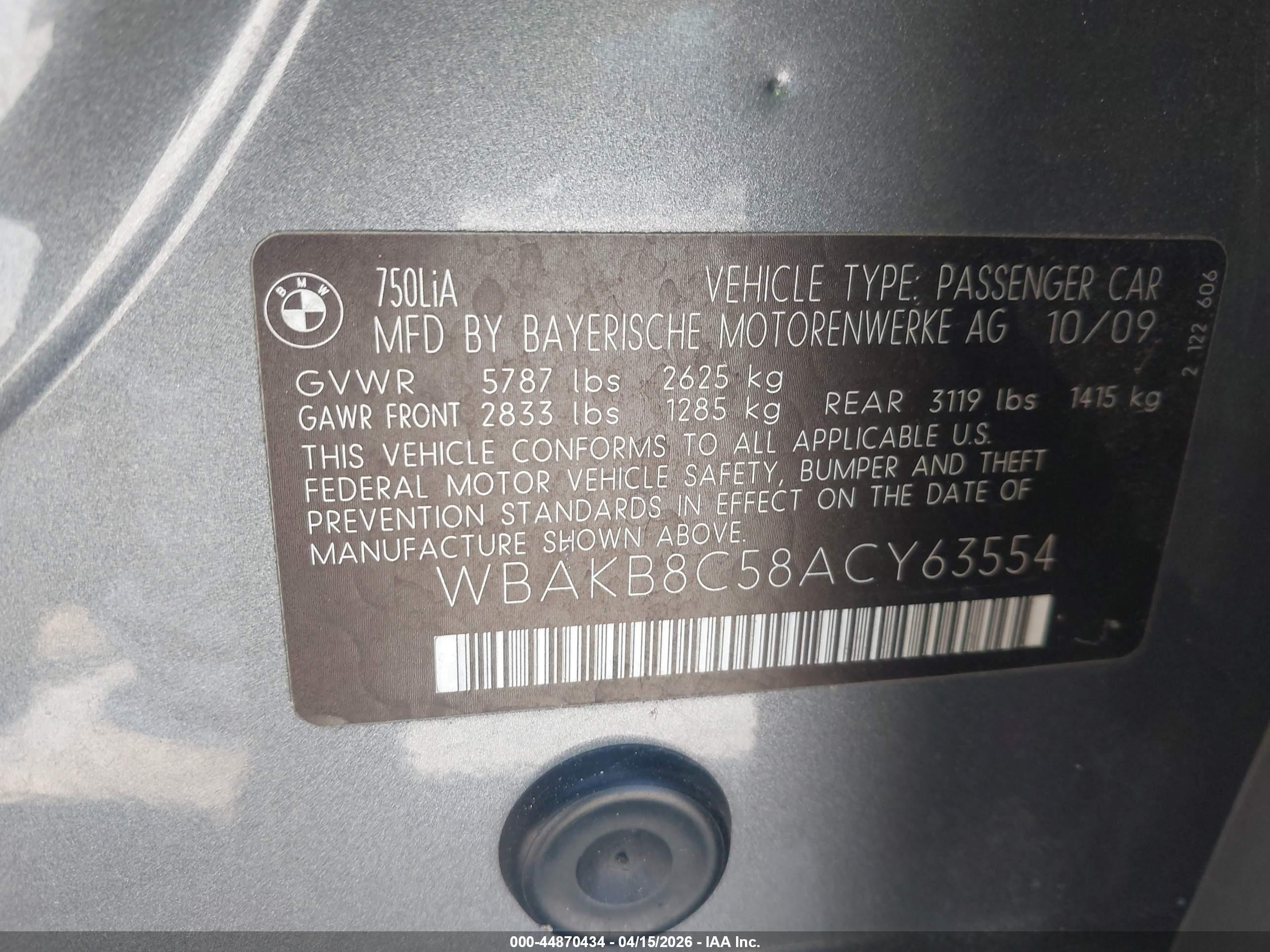 2010 Bmw 750li   Gray vin: WBAKB8C58ACY63554