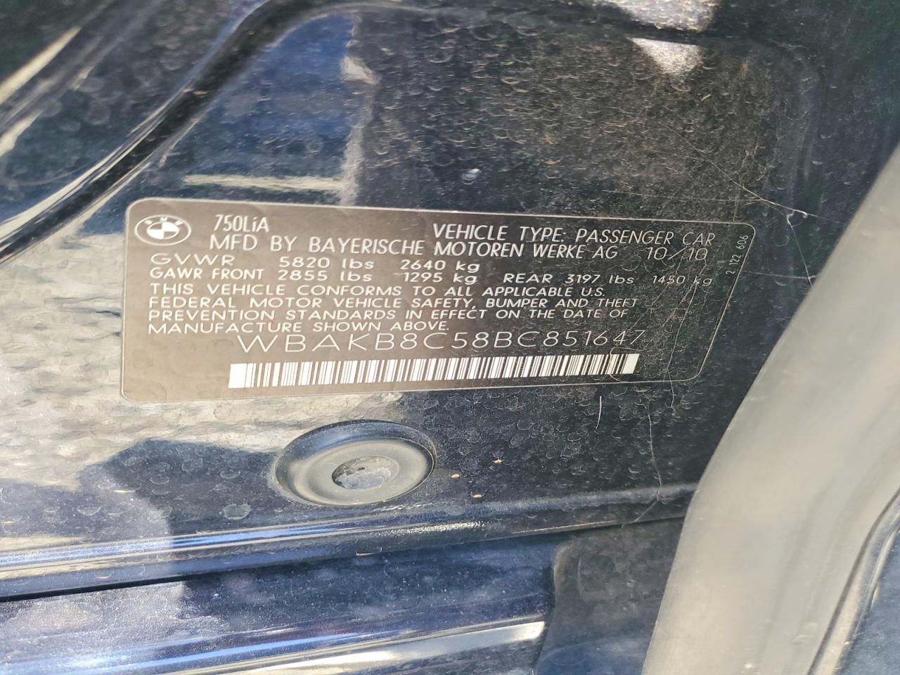 2011 Bmw 750 Li Blue vin: WBAKB8C58BC851647