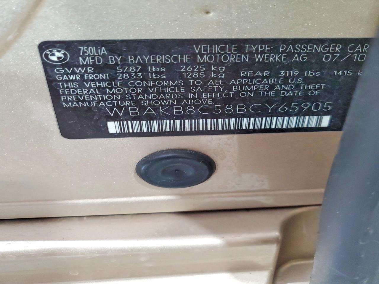 2011 Bmw 750 Li Beige vin: WBAKB8C58BCY65905