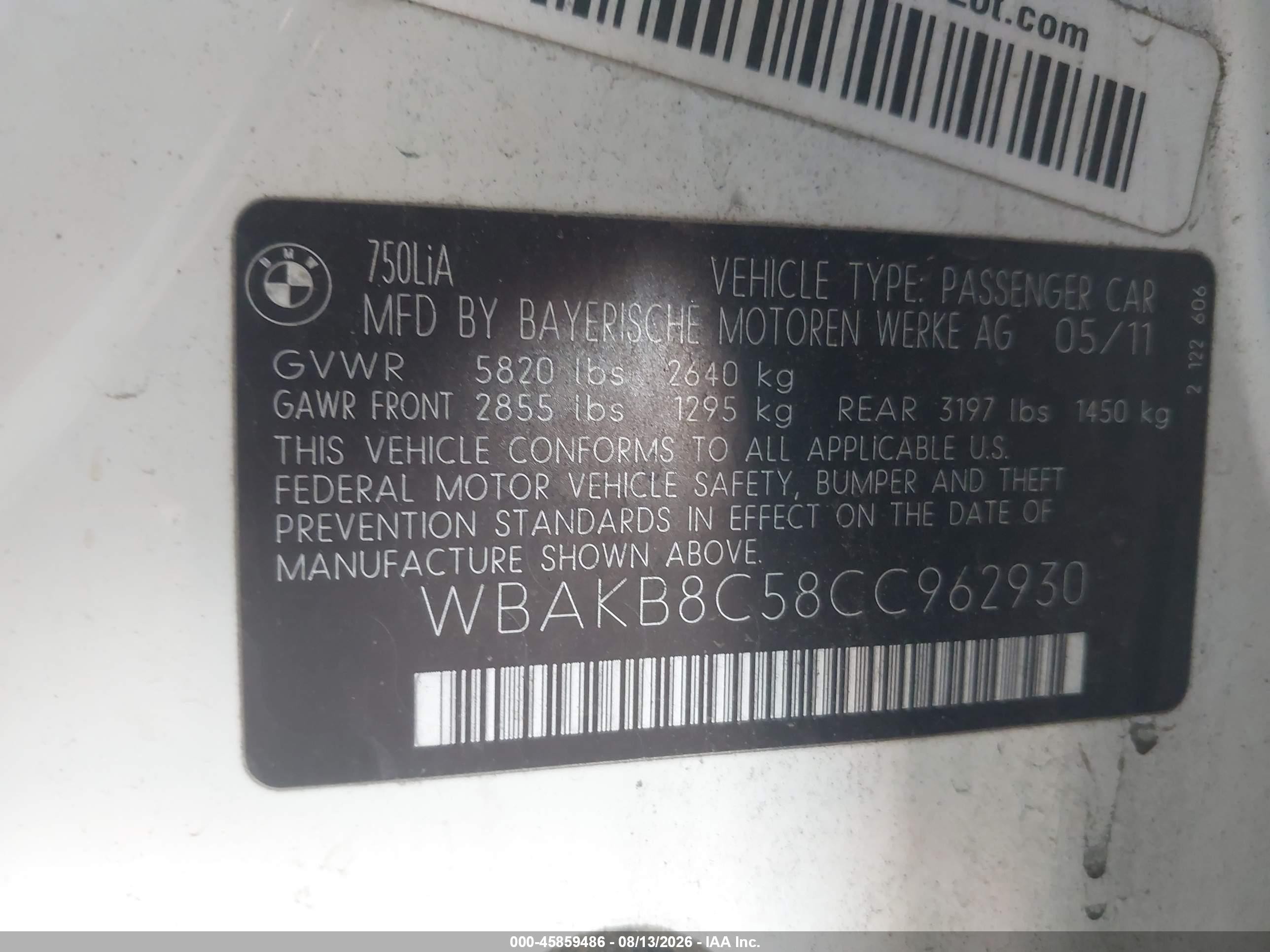 2012 Bmw 750li   Белый vin: WBAKB8C58CC962930