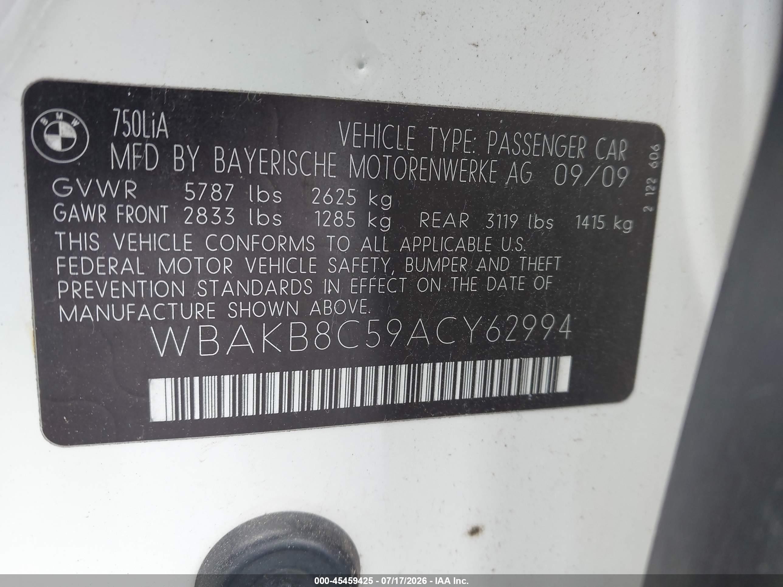 2010 Bmw 750li   White vin: WBAKB8C59ACY62994