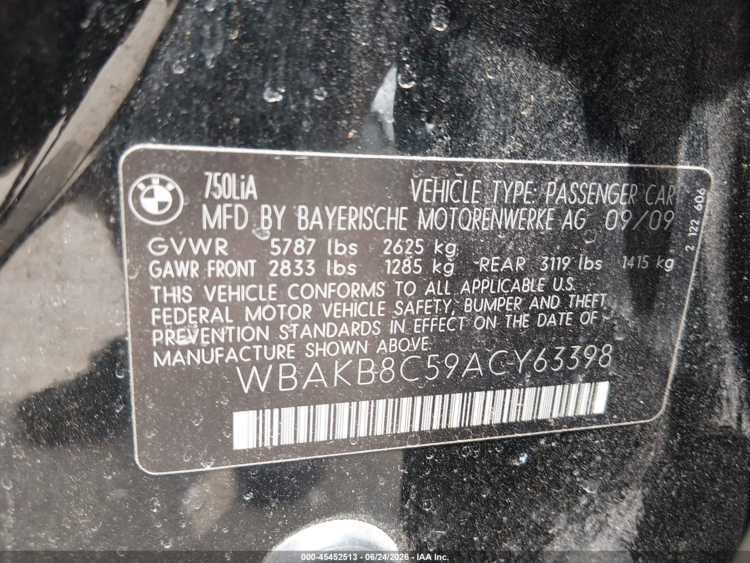 2010 Bmw 750li   Black vin: WBAKB8C59ACY63398