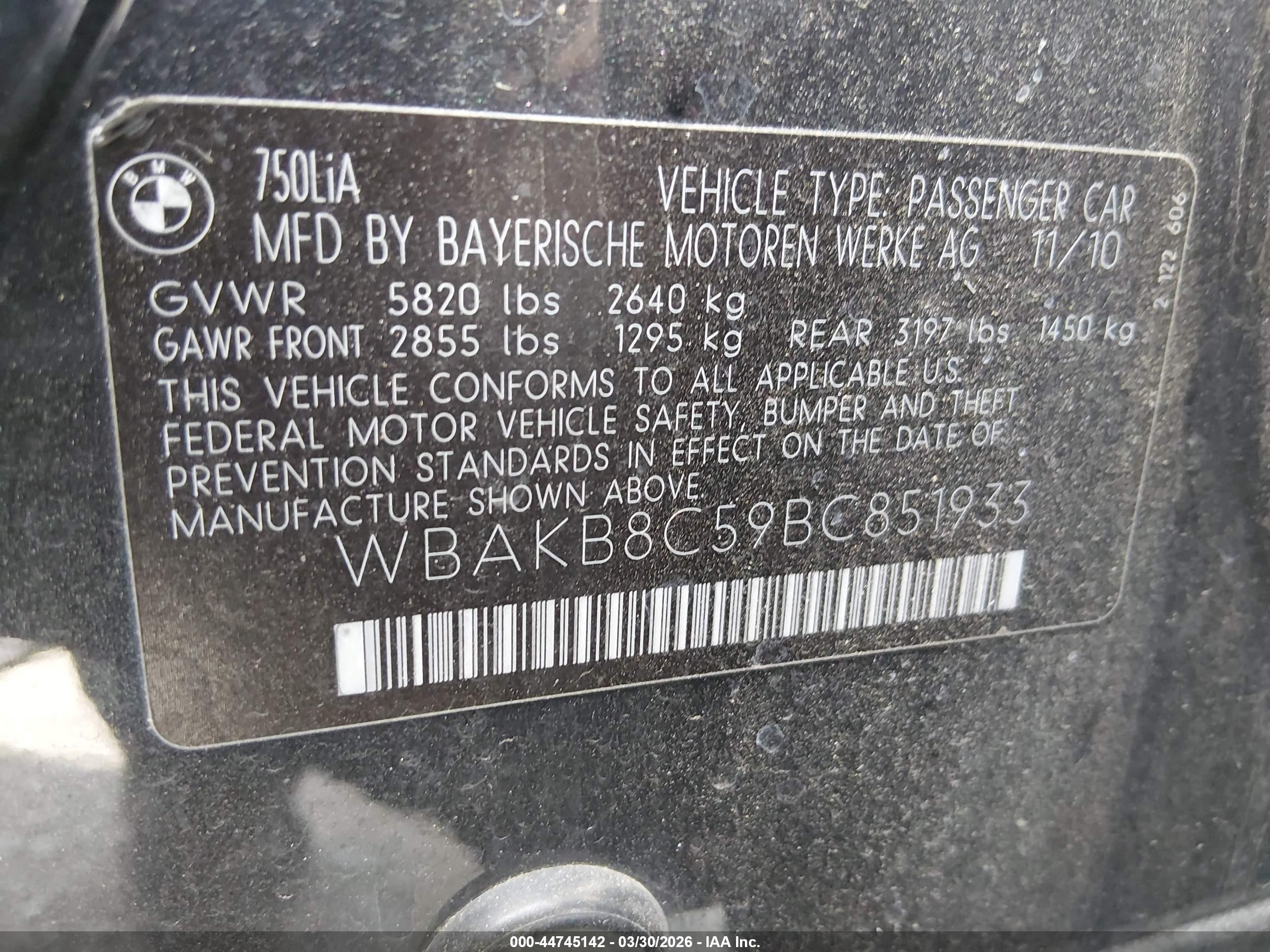 2011 Bmw 750li   Gray vin: WBAKB8C59BC851933