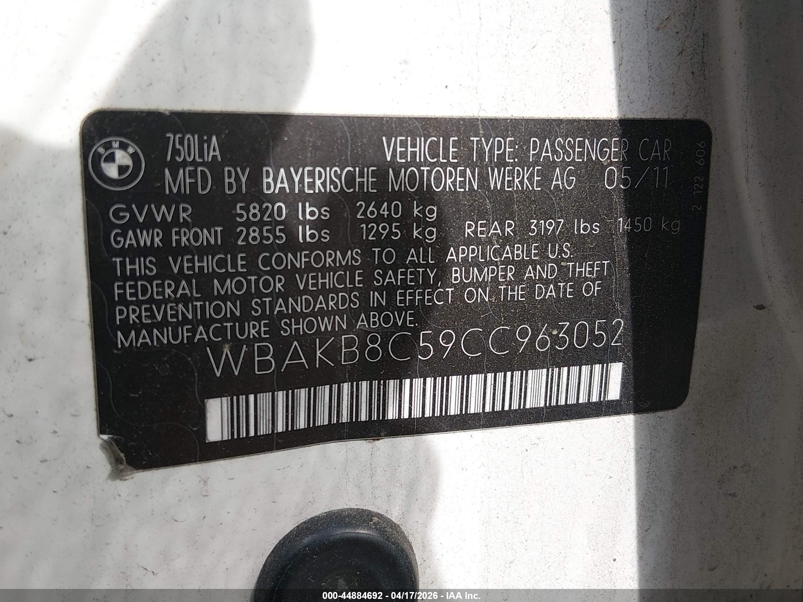 2012 Bmw 750li   Белый vin: WBAKB8C59CC963052