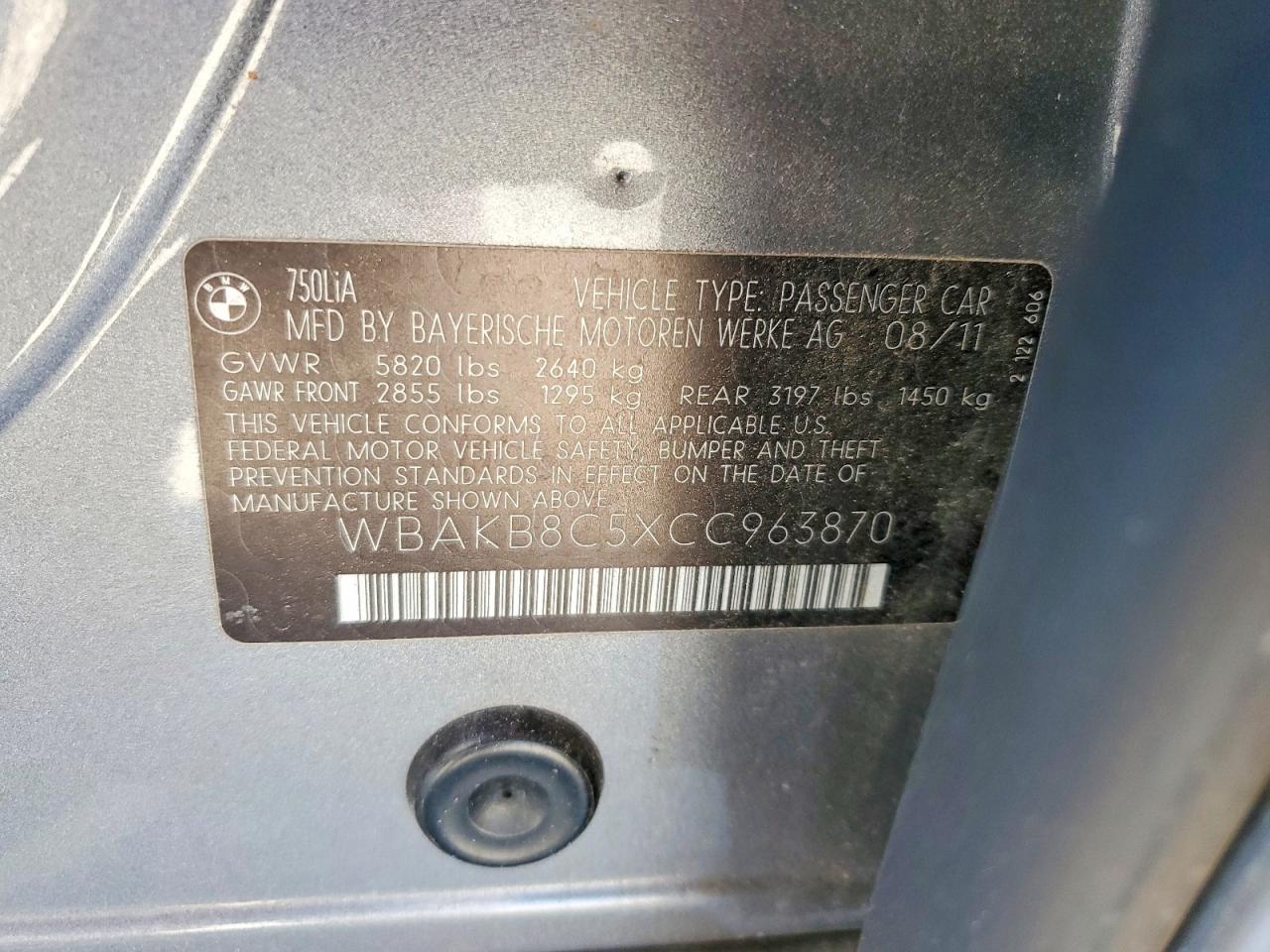 2012 Bmw 750 Li Gray vin: WBAKB8C5XCC963870