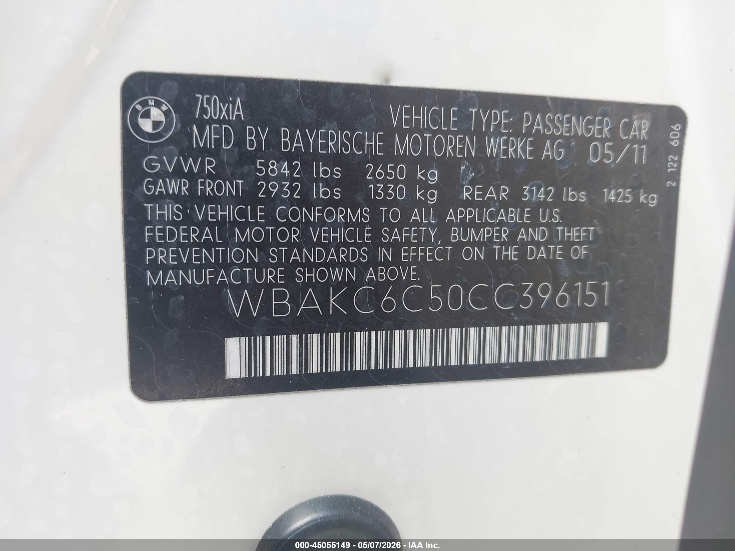 2012 Bmw 750i Xdrive White vin: WBAKC6C50CC396151