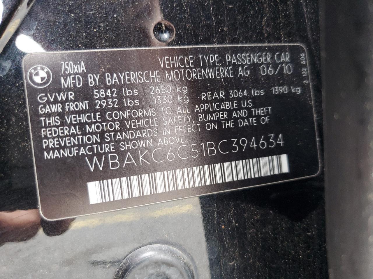 2011 Bmw 750 Xi Black vin: WBAKC6C51BC394634