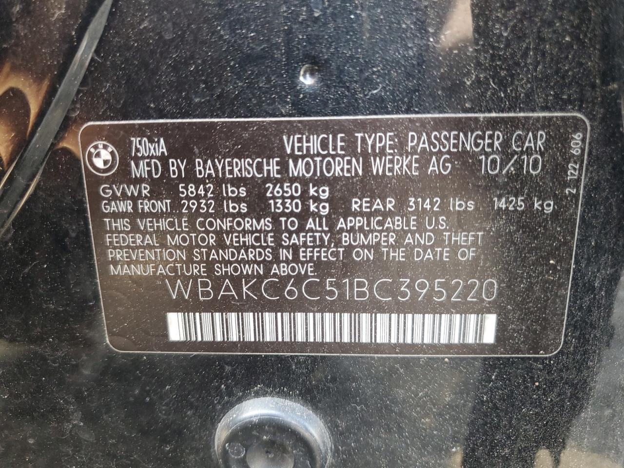 2011 Bmw 750 Xi Black vin: WBAKC6C51BC395220