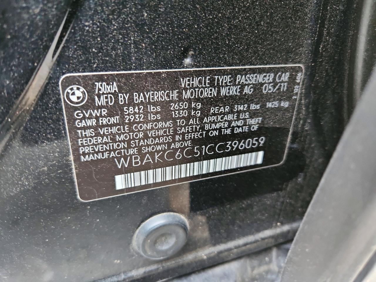 2012 Bmw 750 Xi Black vin: WBAKC6C51CC396059