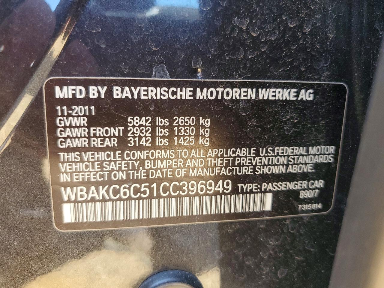 2012 Bmw 750 Xi Black vin: WBAKC6C51CC396949
