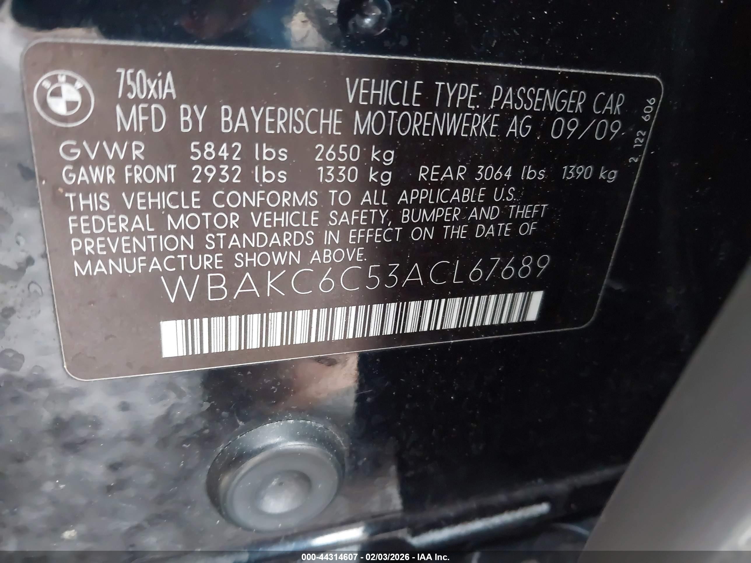 2010 Bmw 750 I Xdrive Black vin: WBAKC6C53acl67689