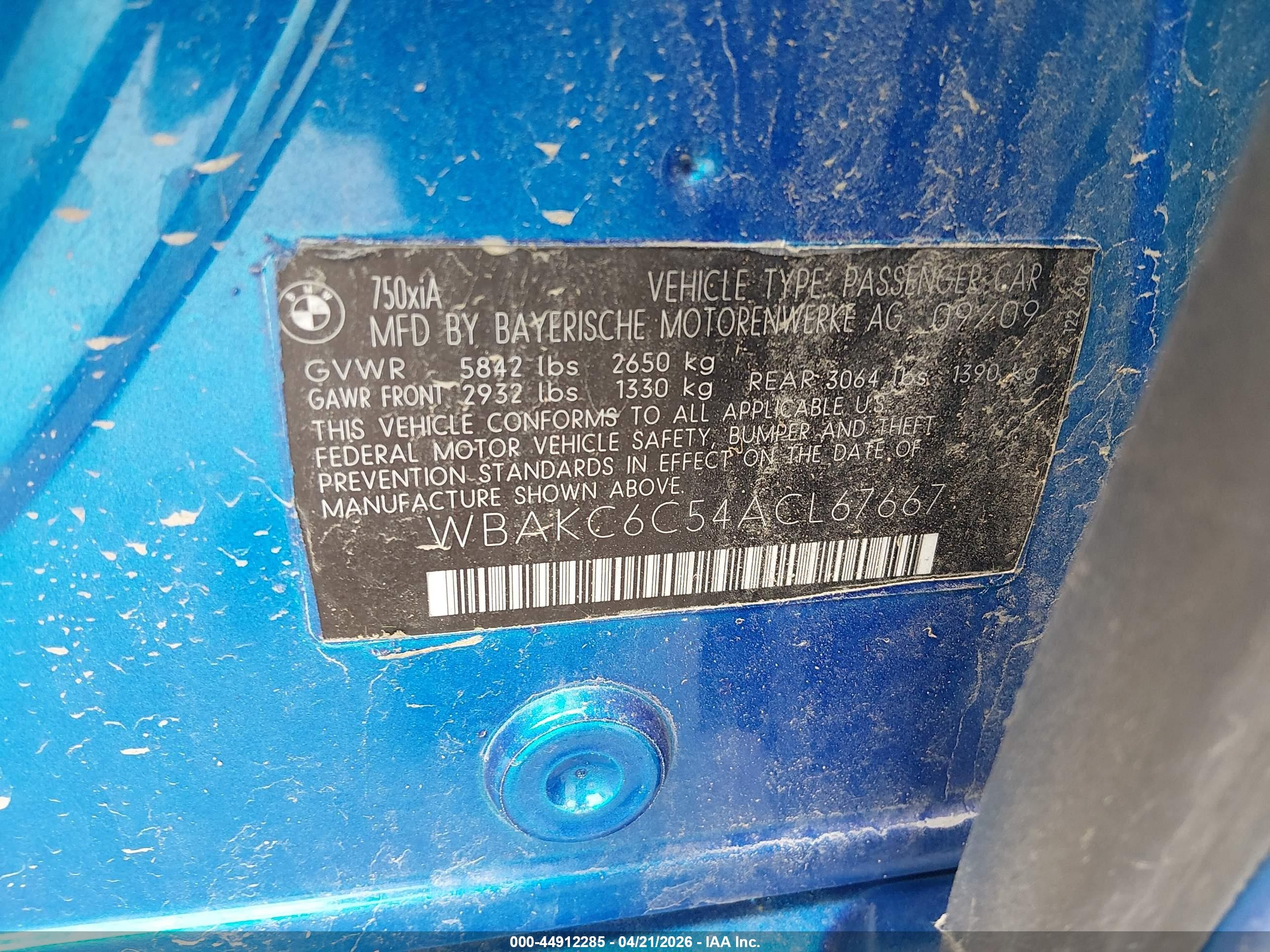 2010 Bmw 750i Xdrive Blue vin: WBAKC6C54ACL67667