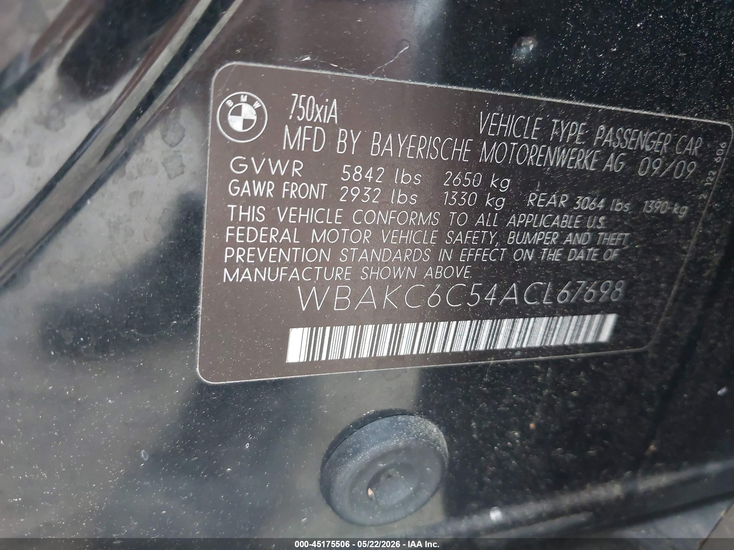 2010 Bmw 750i Xdrive Black vin: WBAKC6C54ACL67698