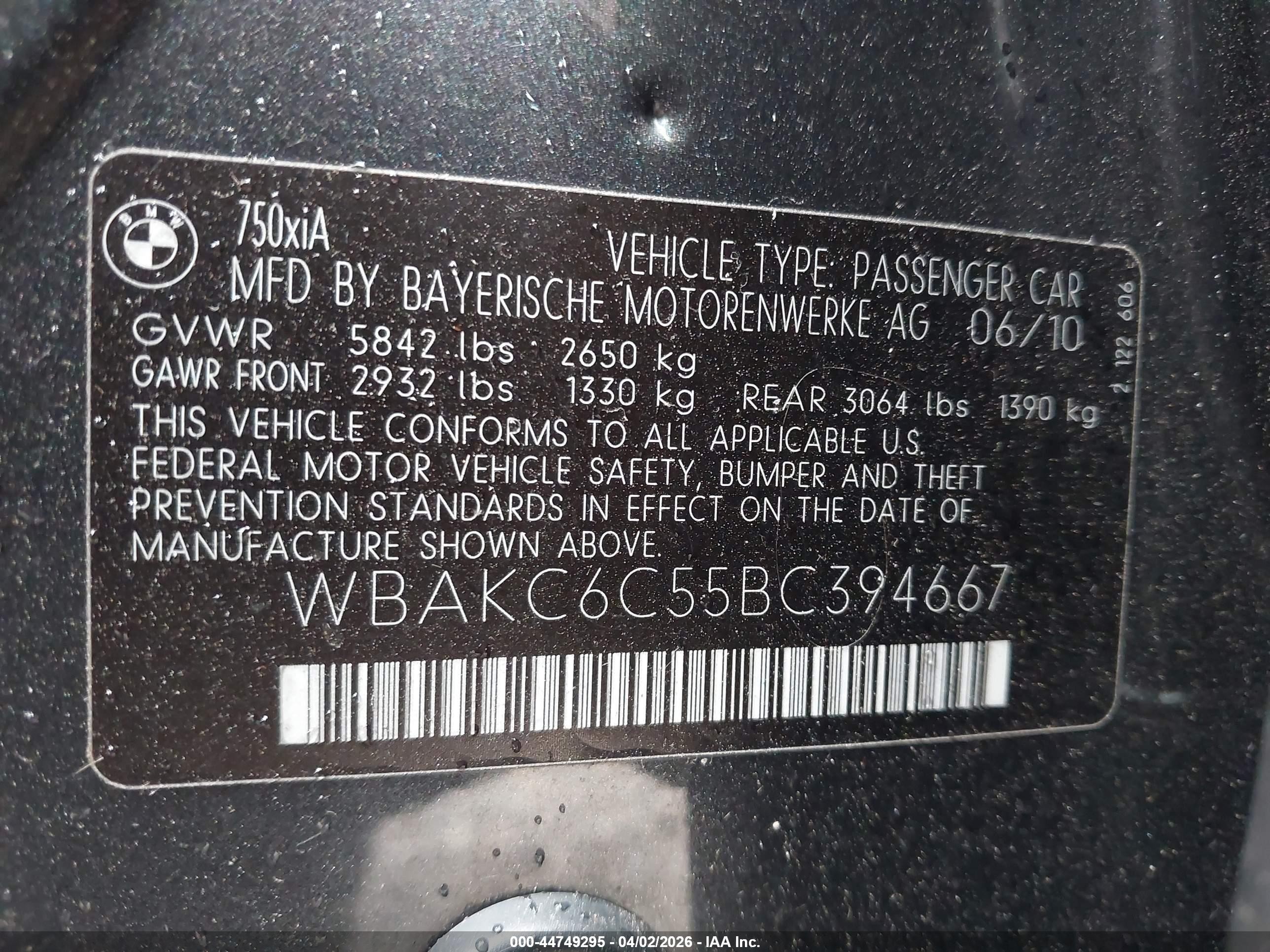 2011 Bmw 750i Xdrive Gray vin: WBAKC6C55BC394667