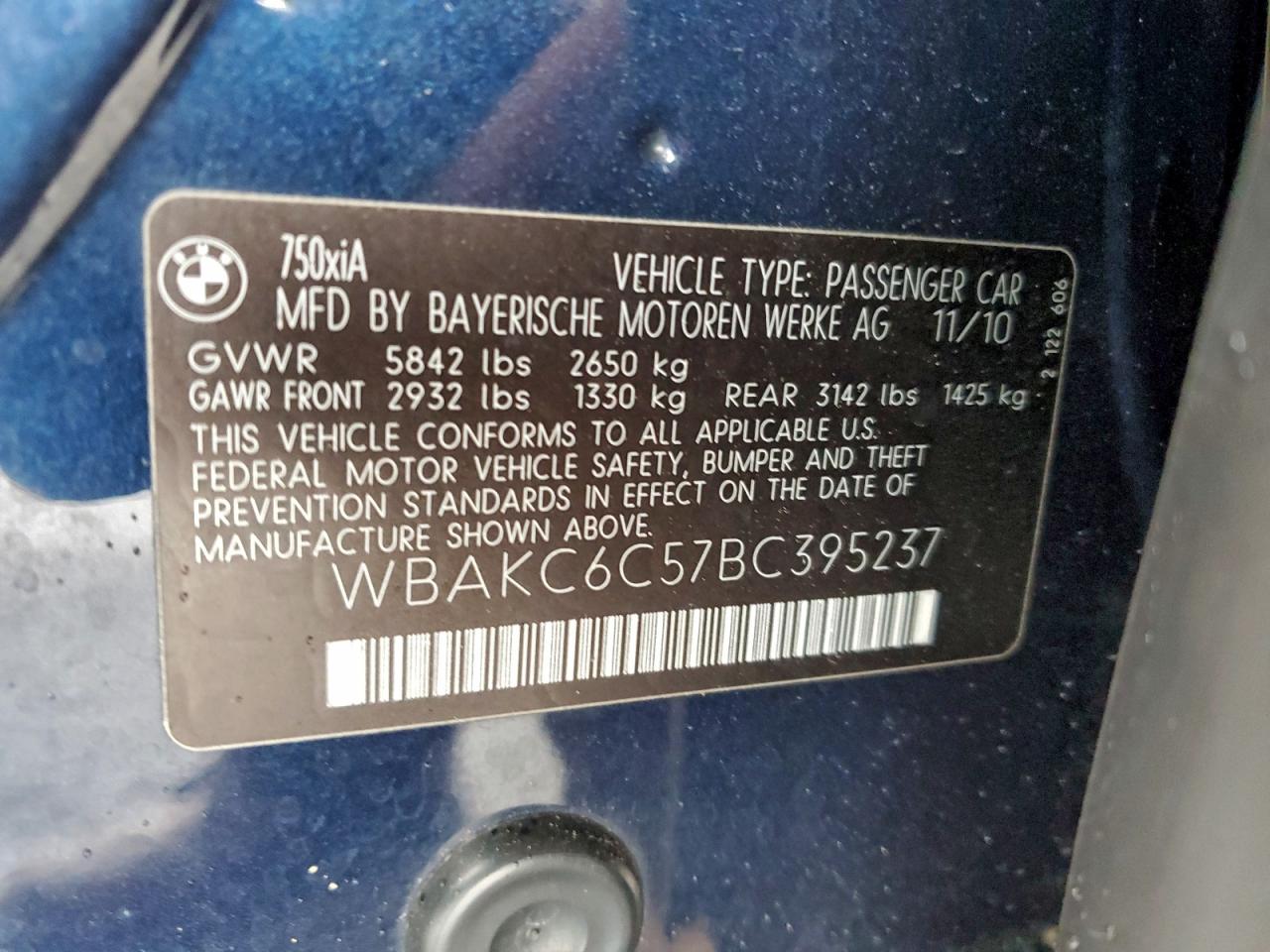 2011 Bmw 750 Xi Blue vin: WBAKC6C57BC395237