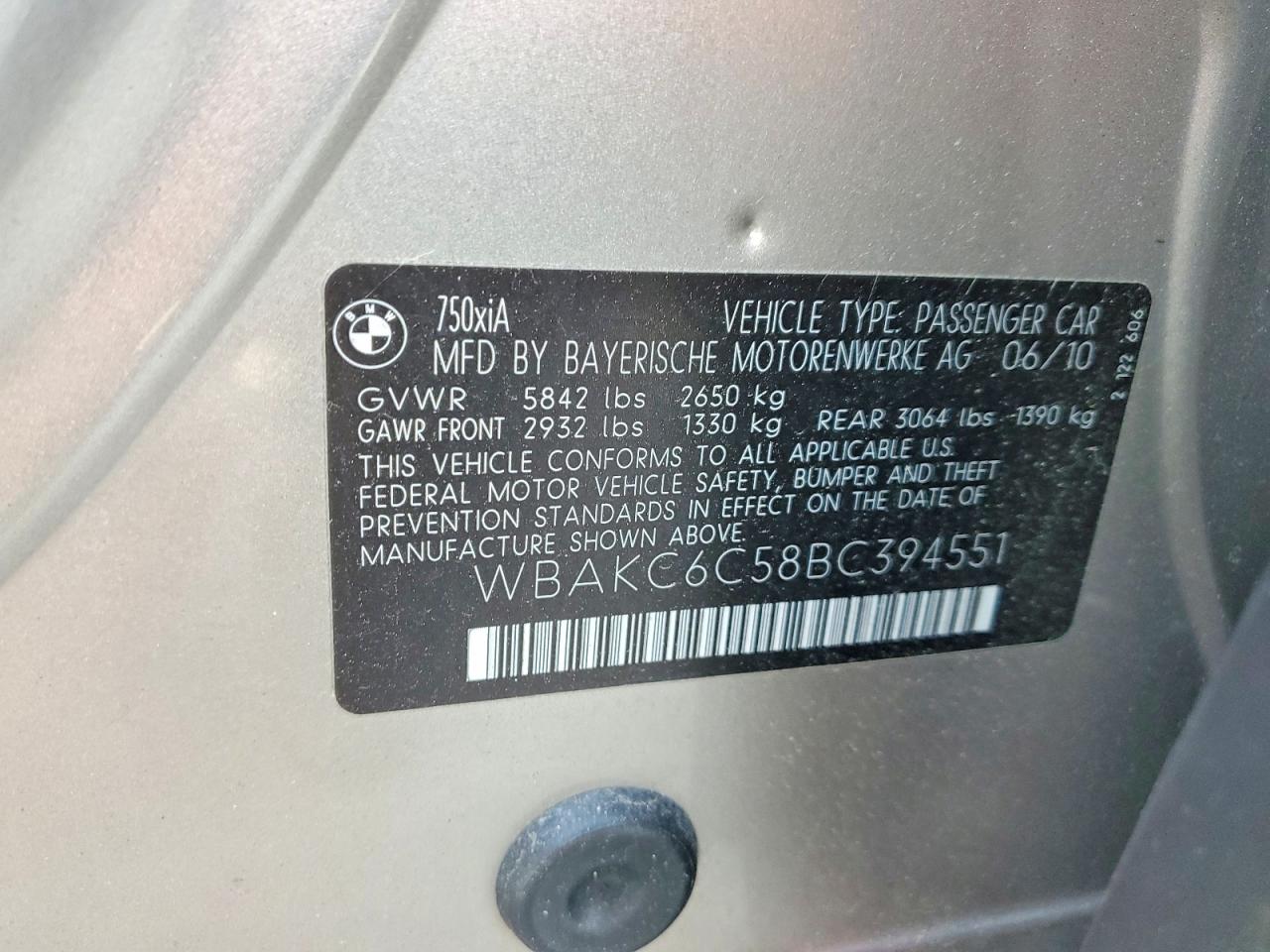 2011 Bmw 750 Xi Tan vin: WBAKC6C58BC394551