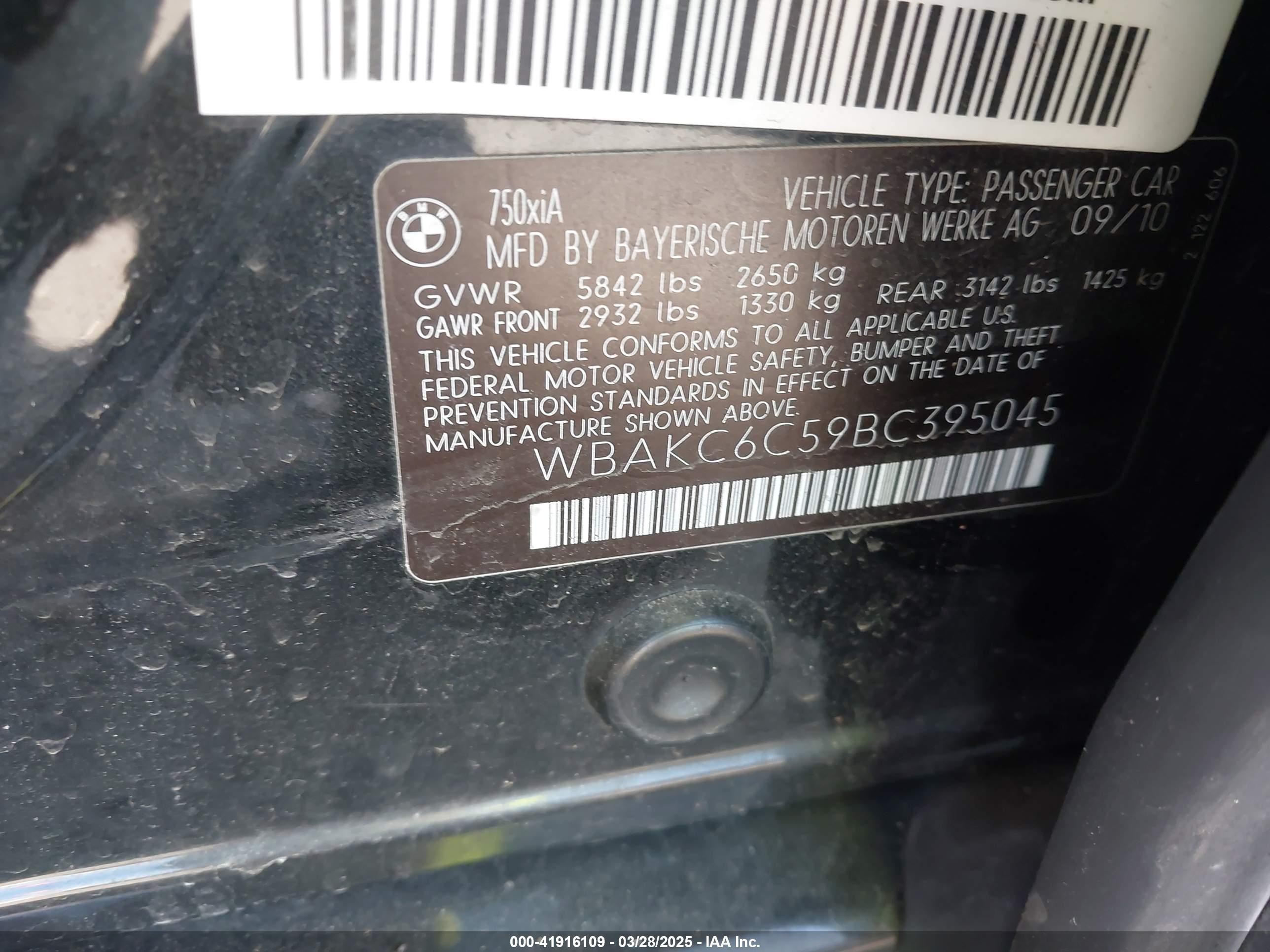 2011 Bmw 750i Xdrive Black vin: WBAKC6C59BC395045