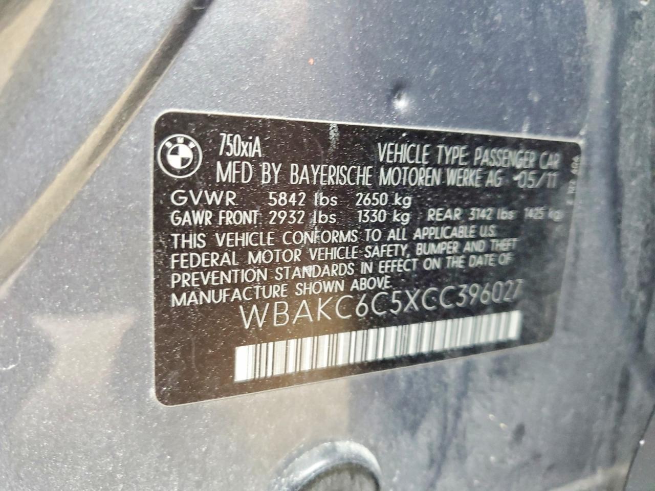 2012 Bmw 750 Xi Gray vin: WBAKC6C5XCC396027