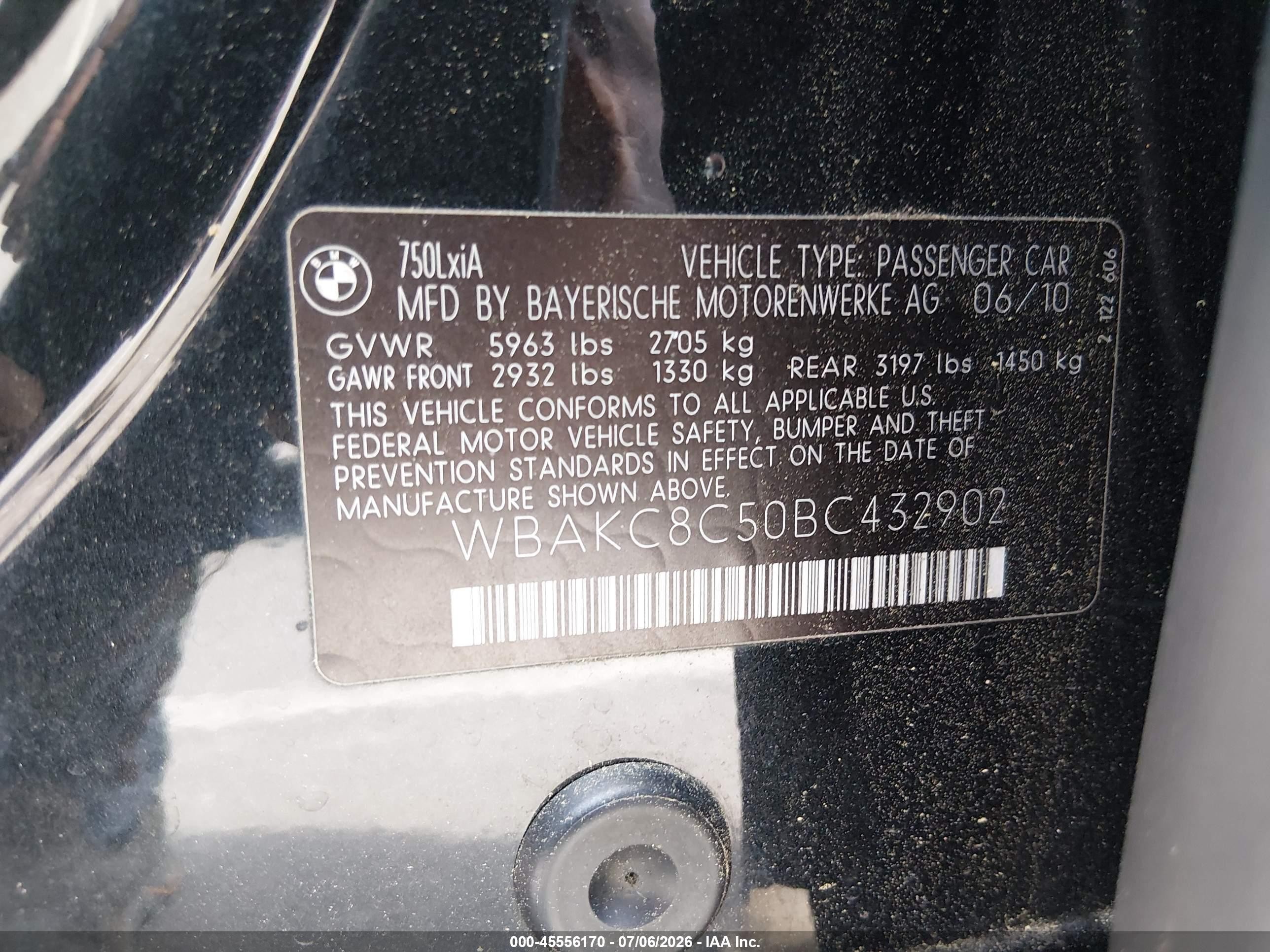 2011 Bmw 750li Xdrive Black vin: WBAKC8C50BC432902