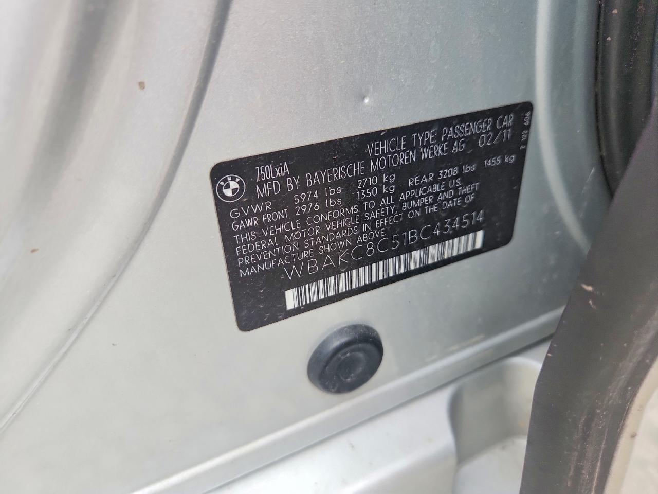 2011 Bmw 750 Lxi Silver vin: WBAKC8C51BC434514
