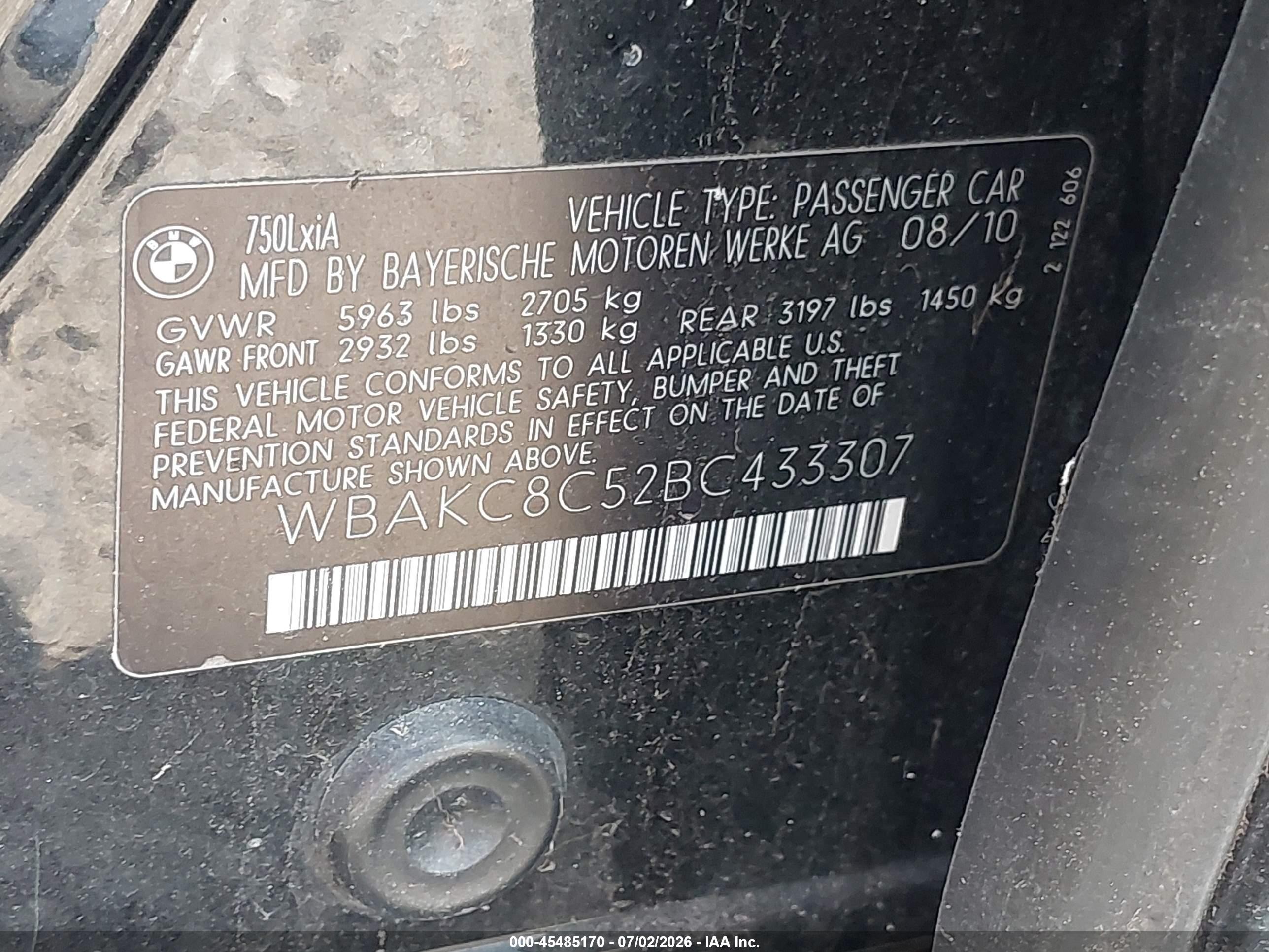 2011 Bmw 750li Xdrive Black vin: WBAKC8C52BC433307