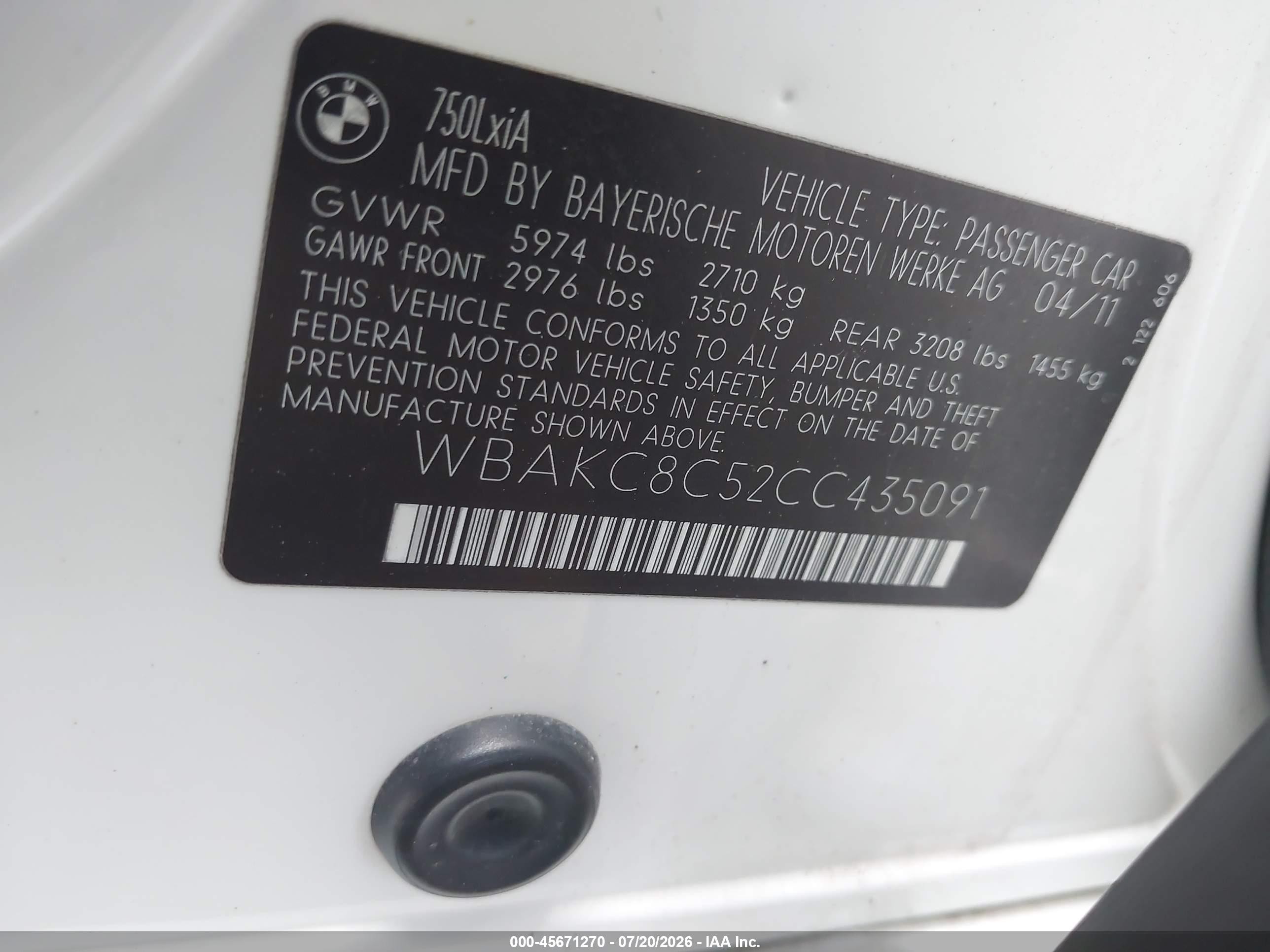 2012 Bmw 750li Xdrive White vin: WBAKC8C52CC435091