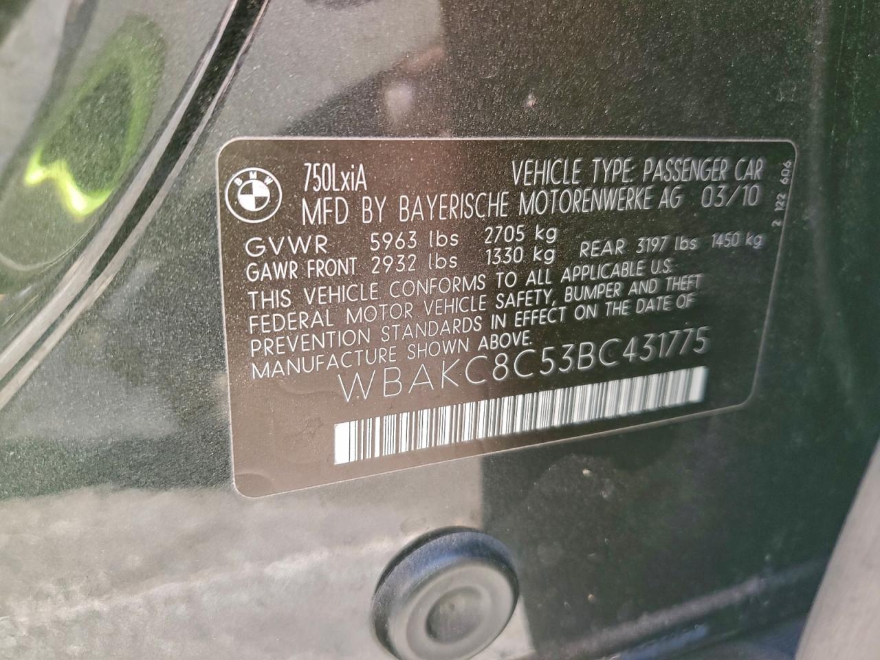 2011 Bmw 750 Lxi Black vin: WBAKC8C53BC431775
