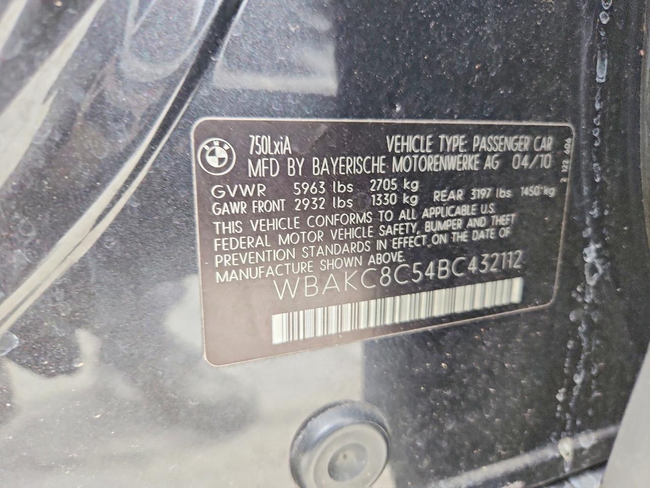 2011 Bmw 750 Lxi Black vin: WBAKC8C54BC432112