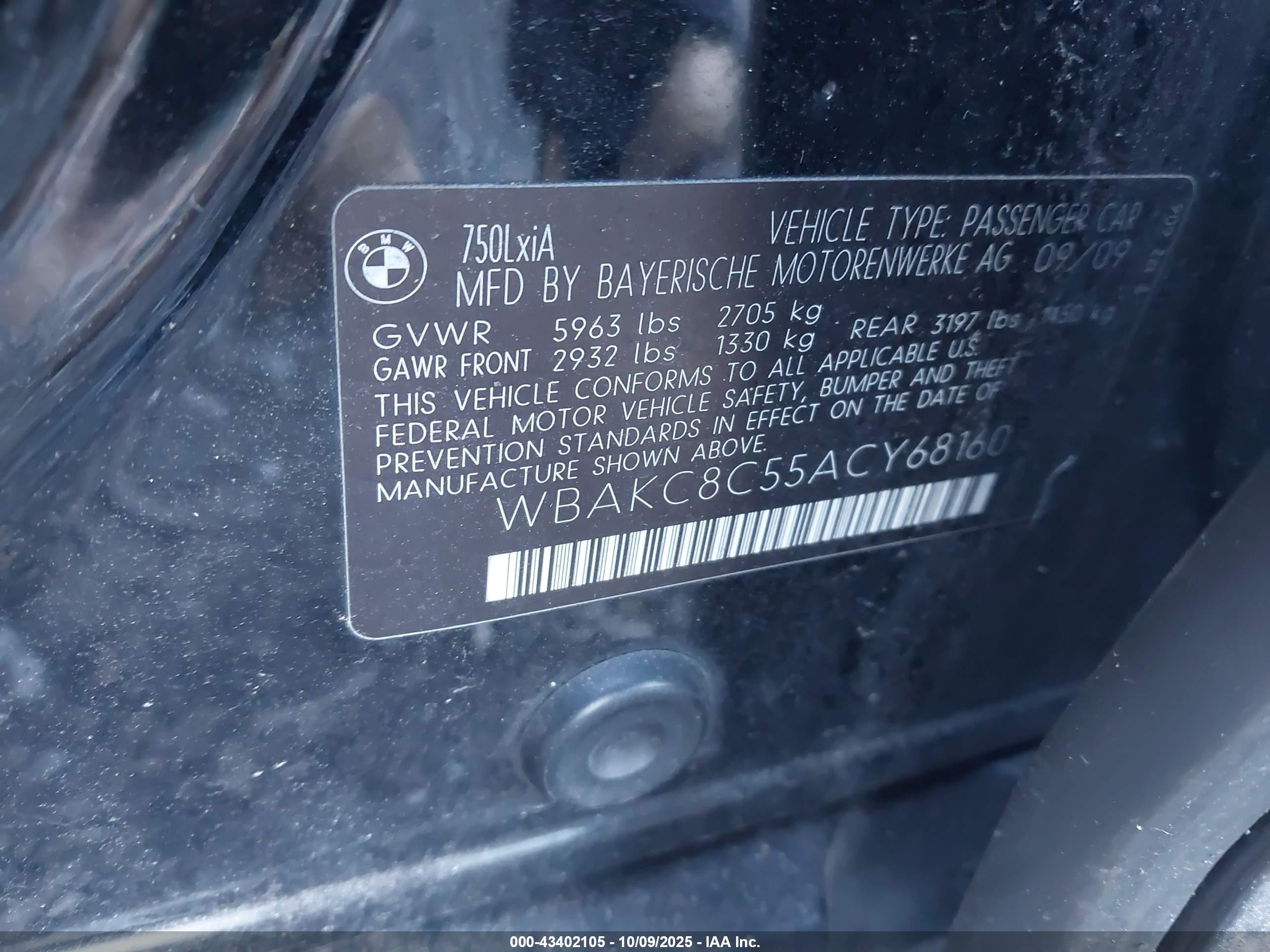 2010 Bmw 750li Xdrive Black vin: WBAKC8C55ACY68160