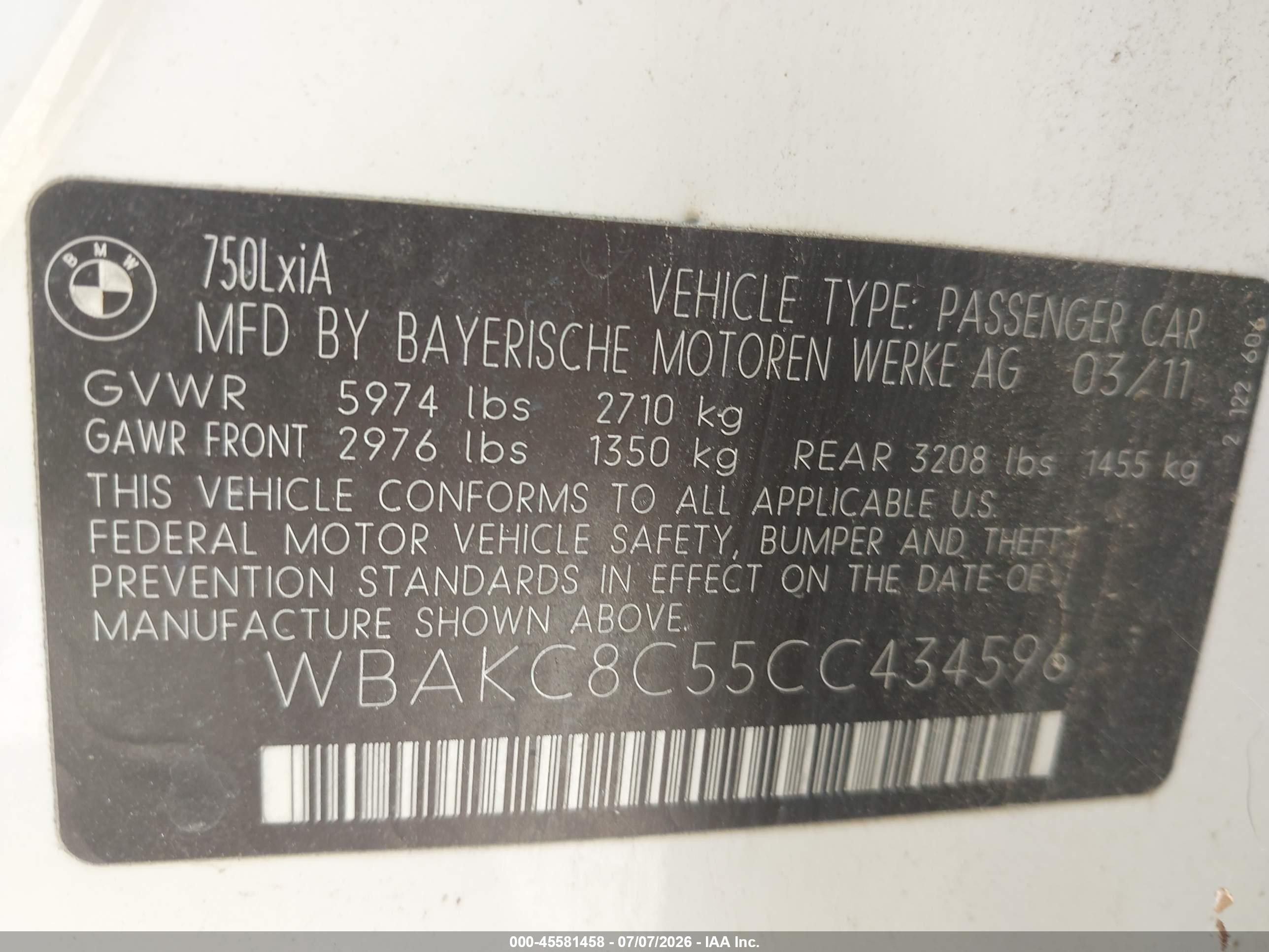 2012 Bmw 750li Xdrive Белый vin: WBAKC8C55CC434596