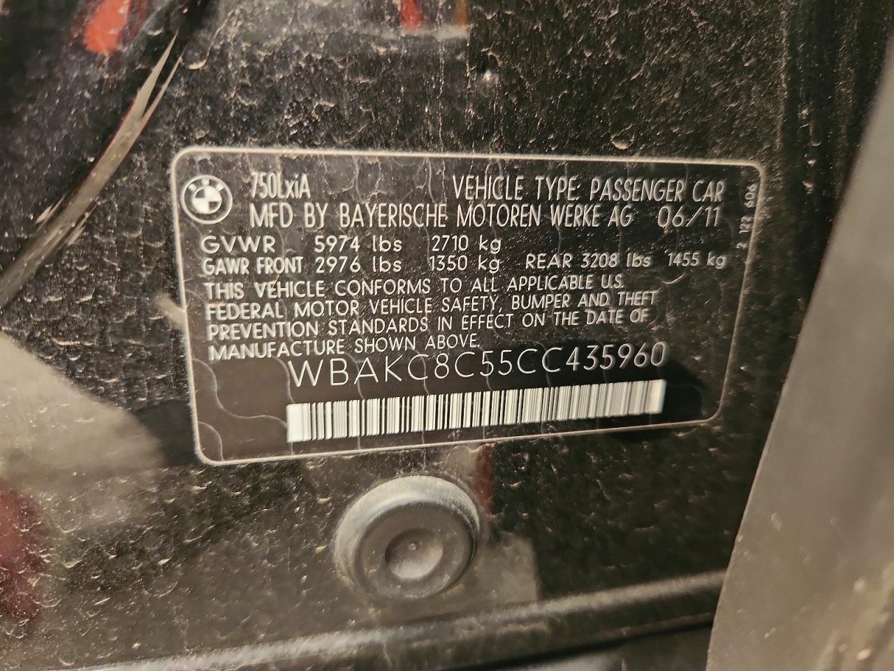 2012 Bmw 750 Lxi Black vin: WBAKC8C55CC435960