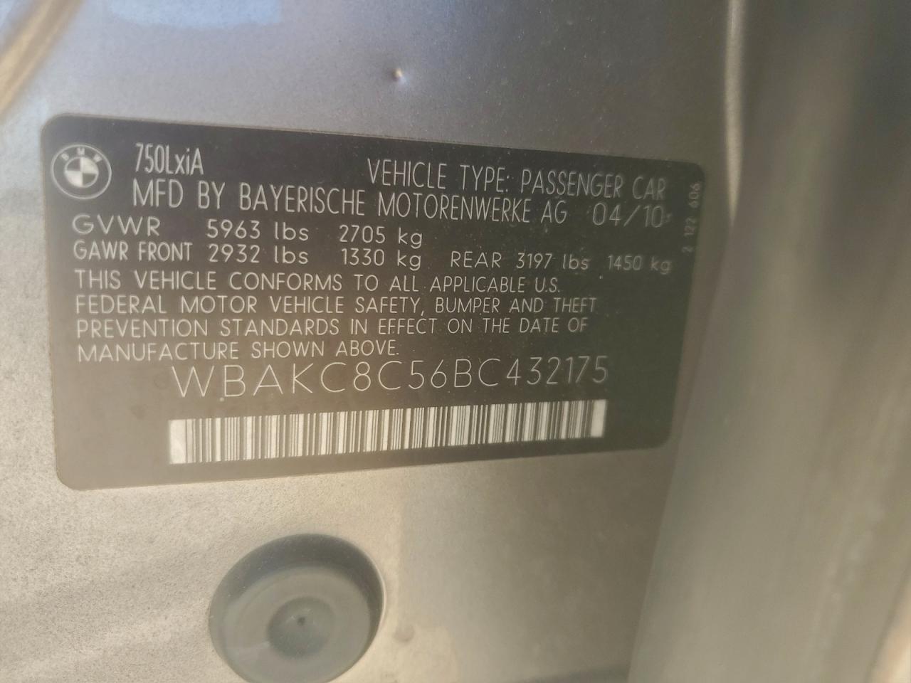 2011 Bmw 750 Lxi Silver vin: WBAKC8C56BC432175