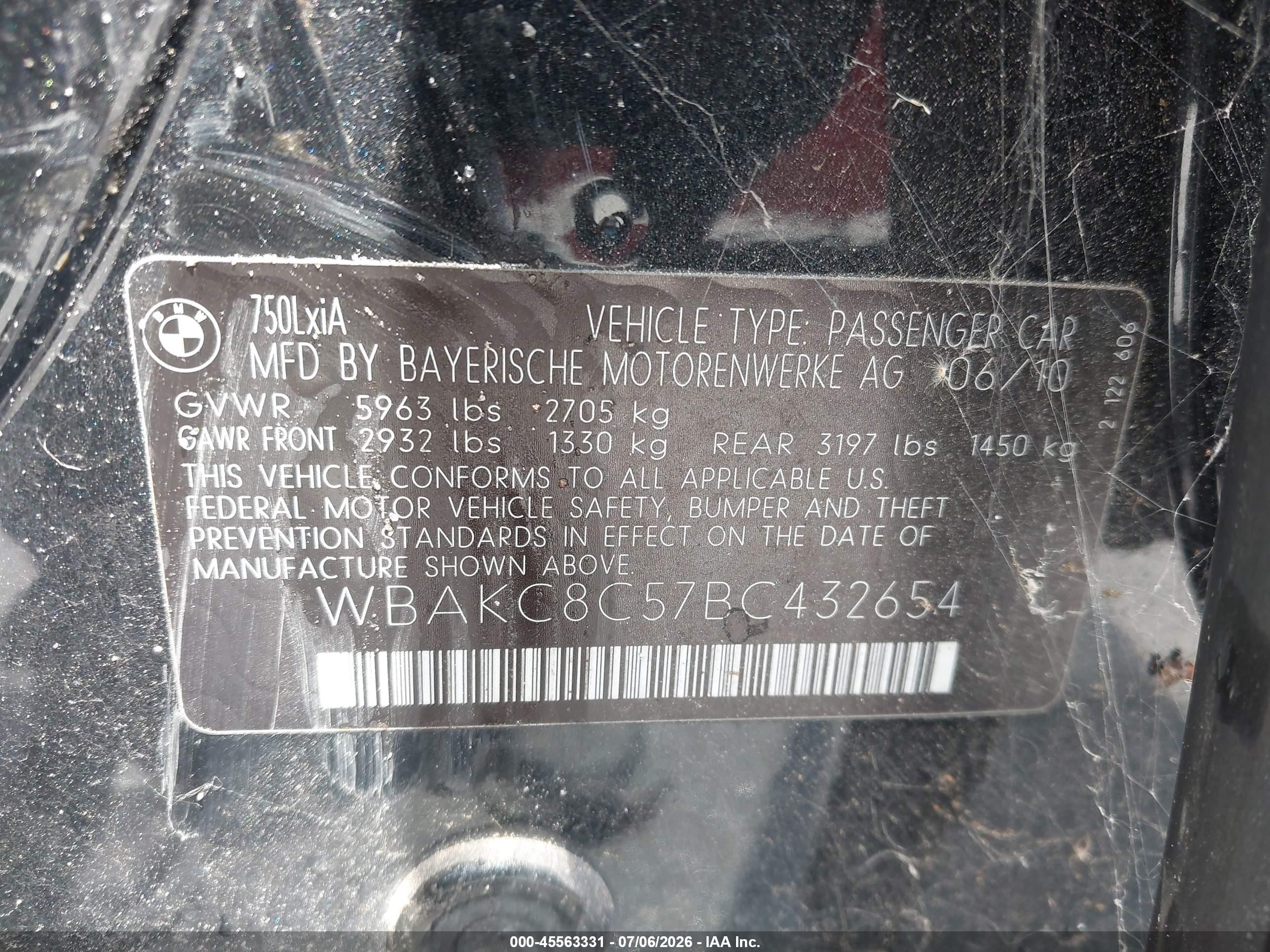2011 Bmw 750li Xdrive Black vin: WBAKC8C57BC432654